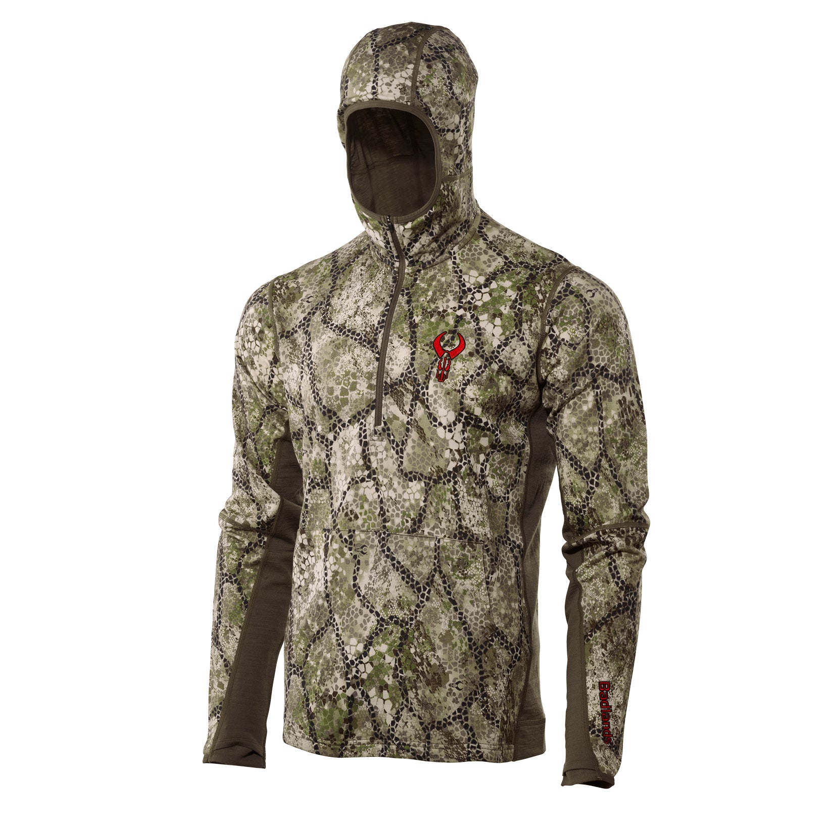 Moonrivers camo hoodie with red skull logo on chest, half-zip front, and long sleeves; designed for outdoor use.