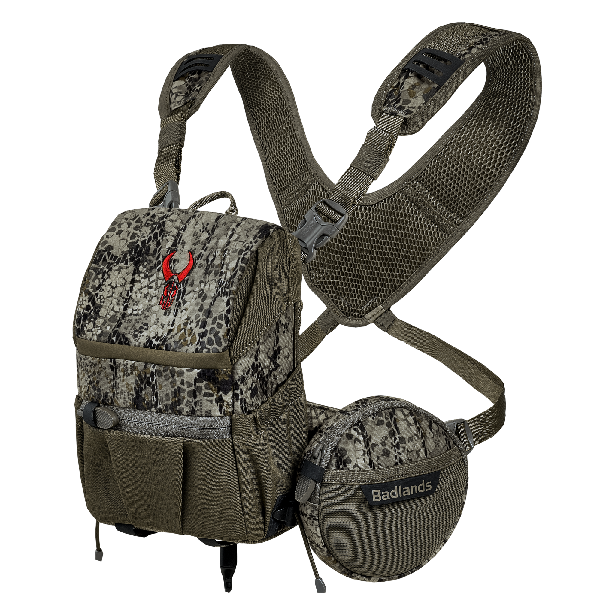 Camouflage hunting backpack with mesh straps, Moonrivers Logo on front, and side pouch labeled "Badlands."