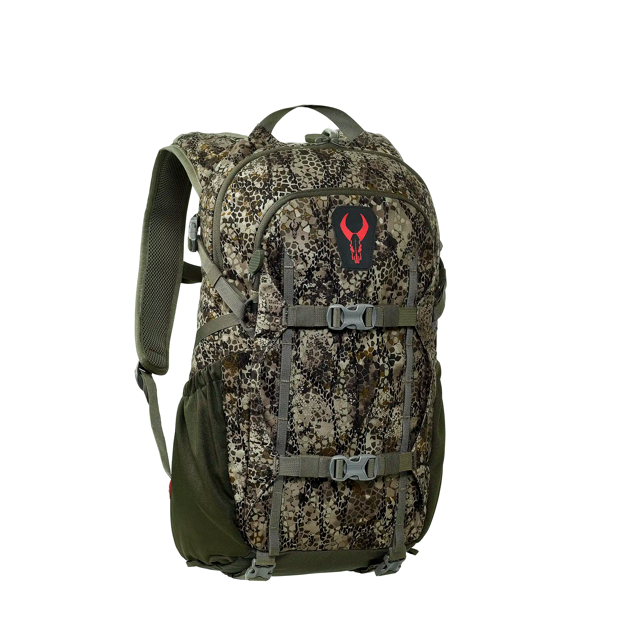 Camo backpack with Moonrivers skull logo, adjustable straps, and multiple compartments for outdoor use.