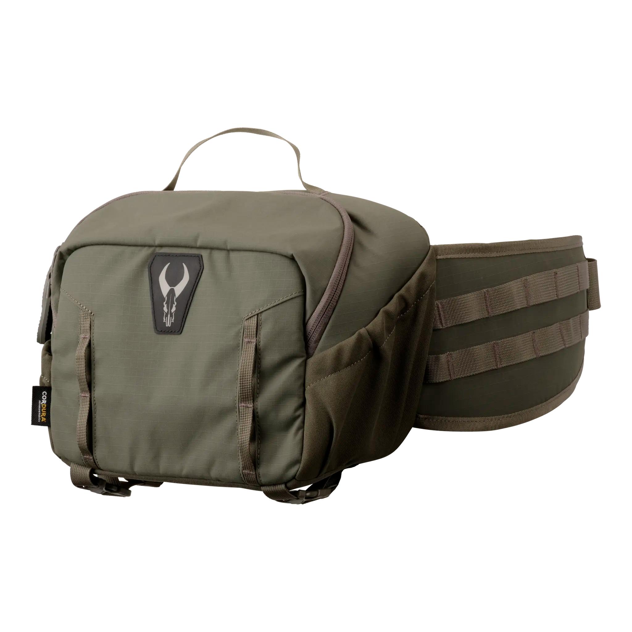 Olive green waist pack with Moonrivers skull logo, zippered main compartment, side pockets, and adjustable padded belt.