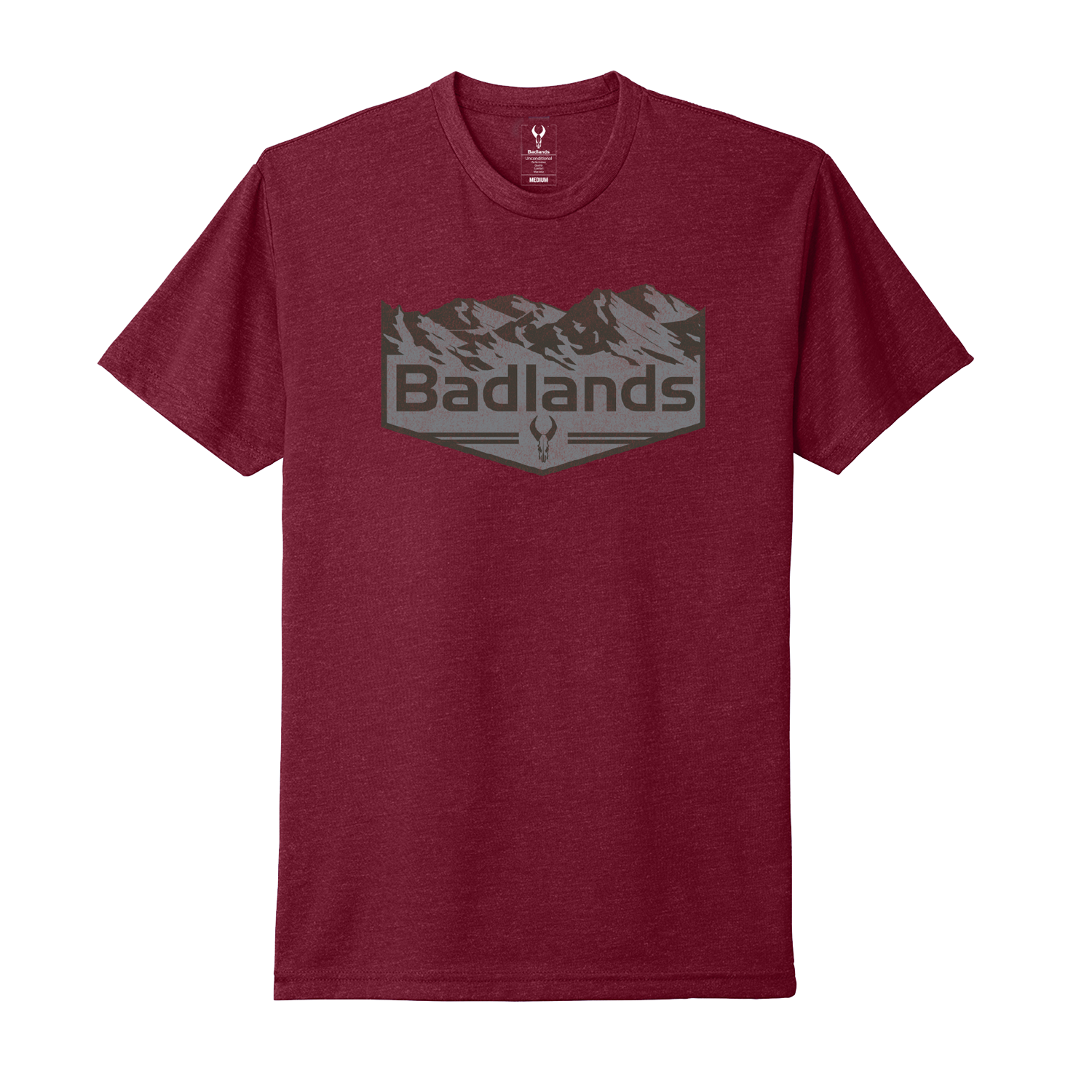 Maroon t-shirt with "Badlands" text, mountain graphic, and Moonrivers skull logo on the chest.