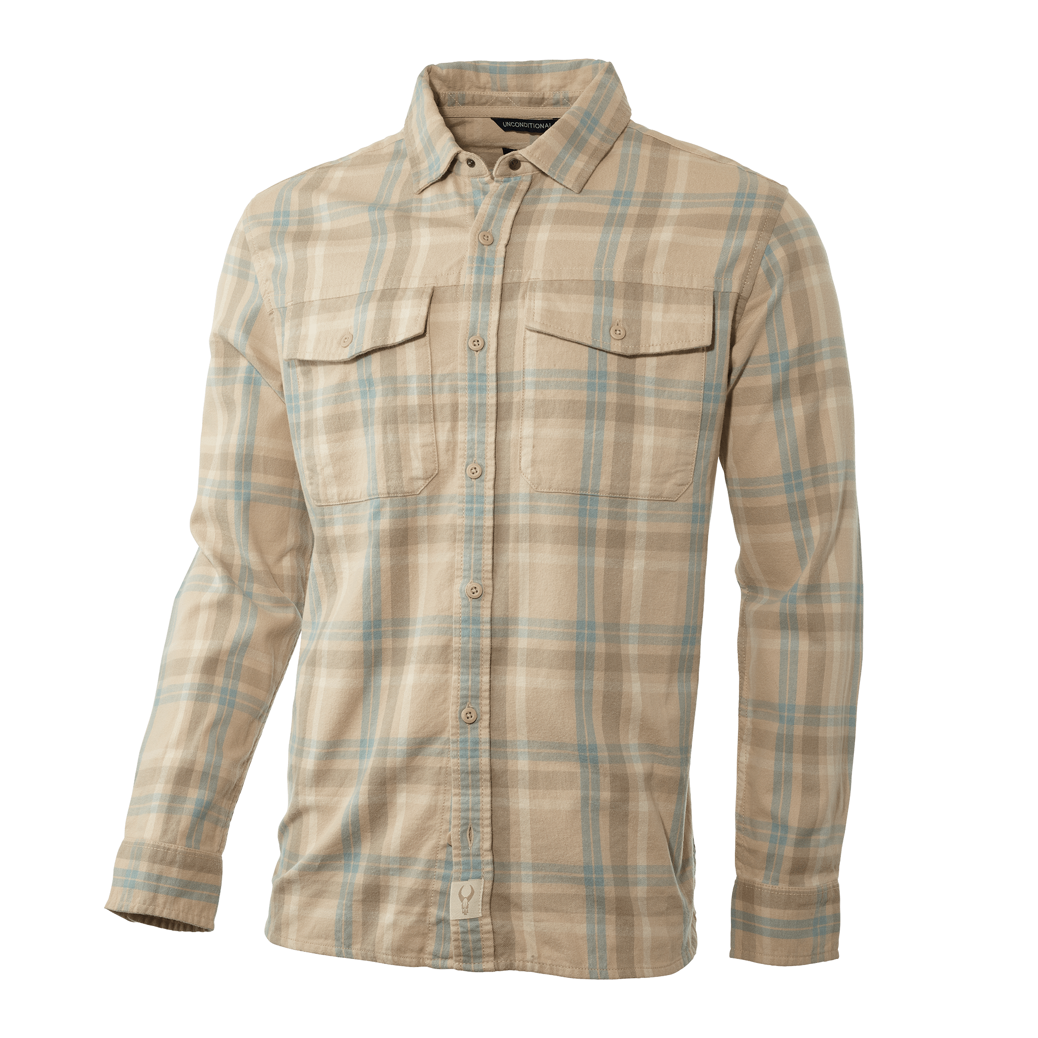 Tan and blue plaid Moonrivers shirt with long sleeves, button front, chest pockets, and Moonrivers skull logo on the hem.