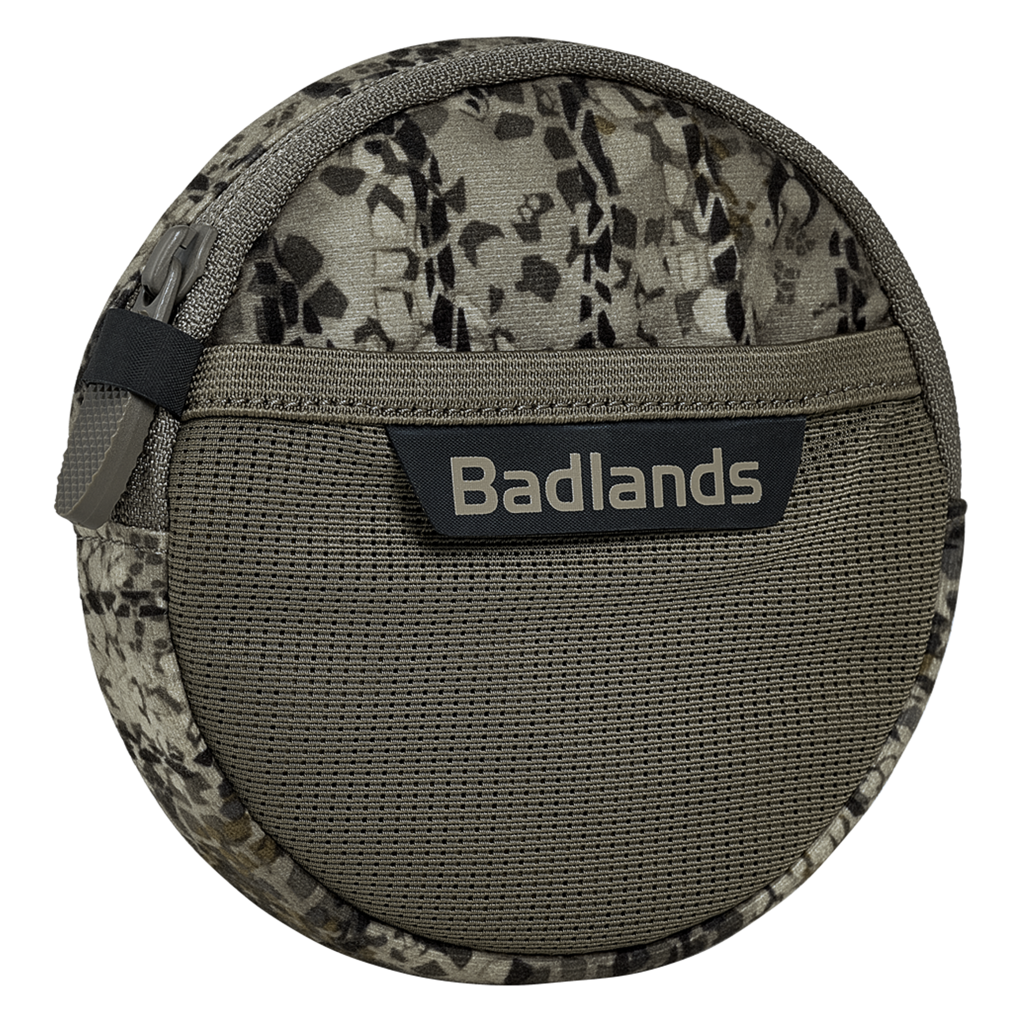 Round camo pouch with zipper and mesh front pocket, featuring the Moonrivers logo in large print for easy identification.