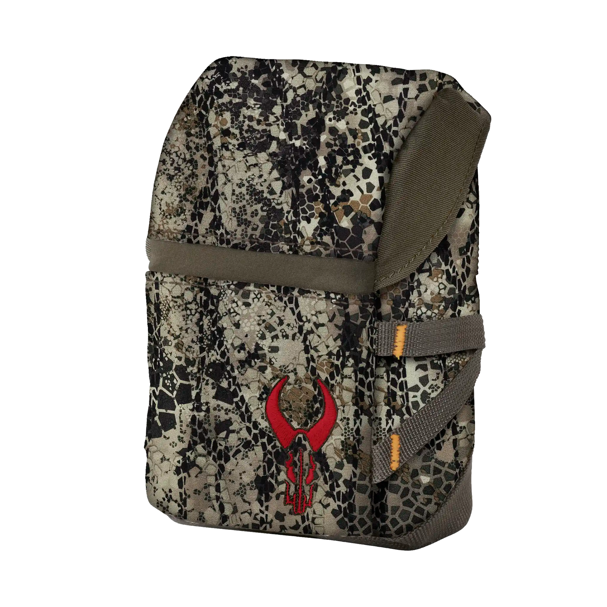 Camouflage pouch with Moonrivers skull logo, front pocket, and side straps; suitable for outdoor or hunting gear storage.