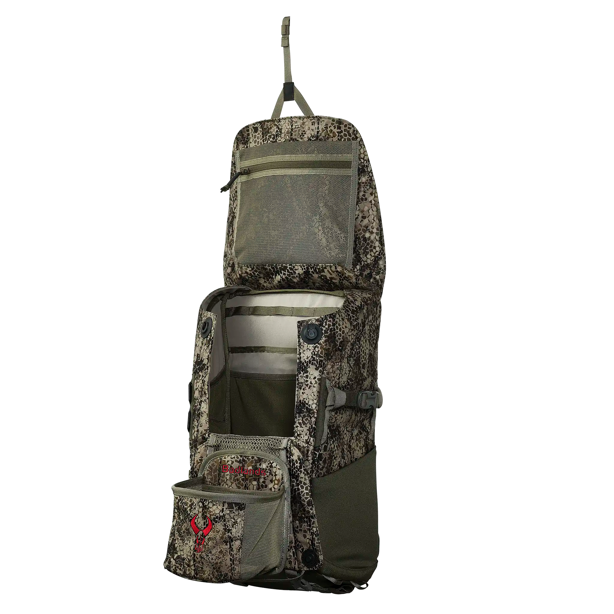 Open camo hunting backpack with Moonrivers skull logo, multiple compartments, mesh pocket, and hanging strap for easy access.