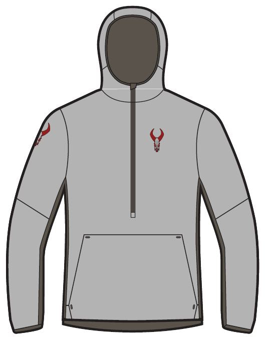 Gray Moonrivers hoodie with red skull logo on chest and left sleeve, front half-zip, and large front pocket.