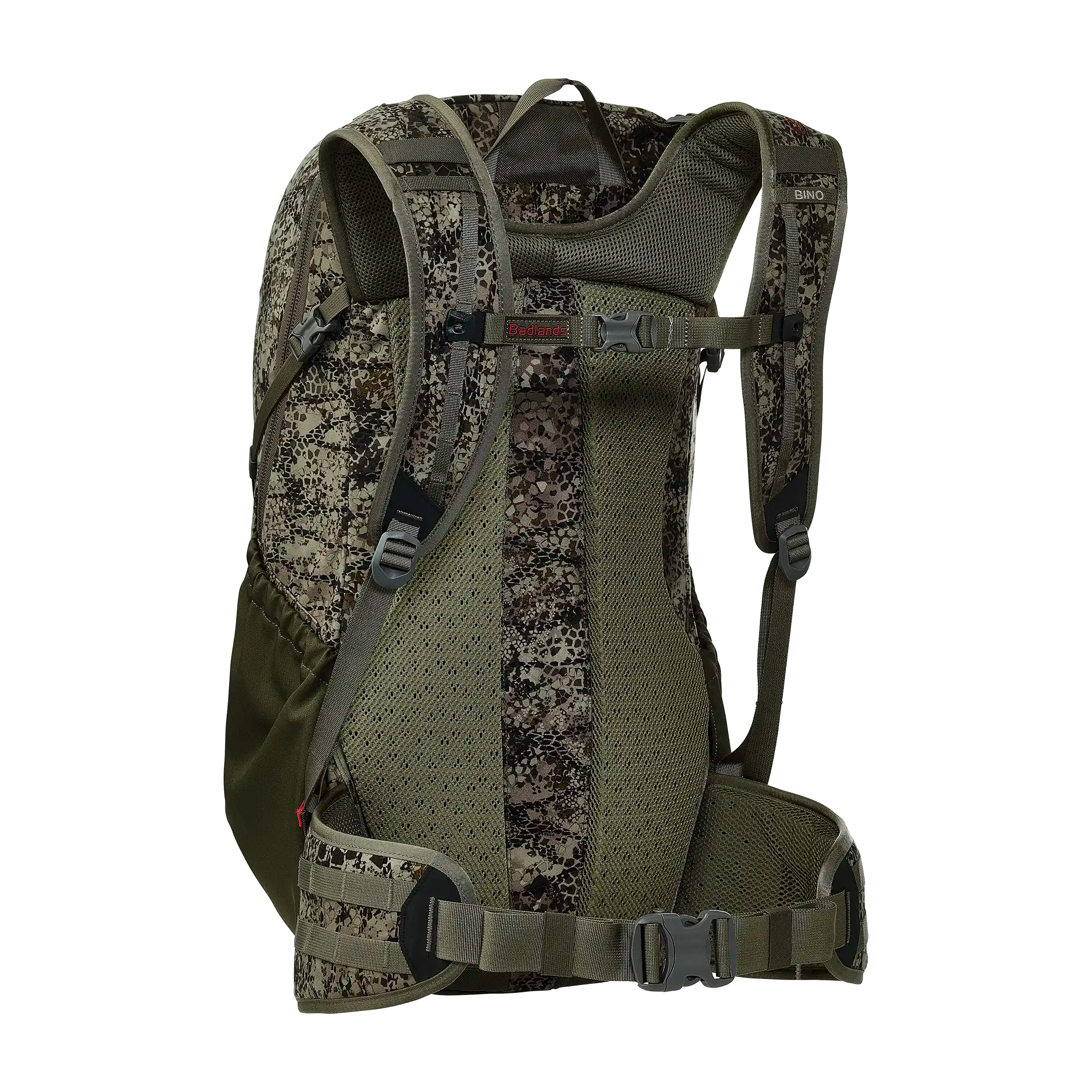 Camo hunting backpack with mesh straps, padded back, and Moonrivers Logo. Adjustable chest and waist buckles for support.