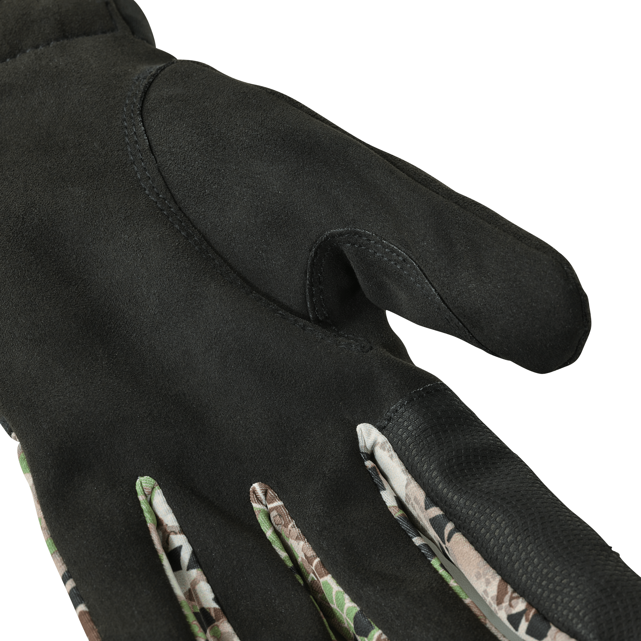 Close-up of a Moonrivers glove in black and camo, showing textured grip and detailed stitching.