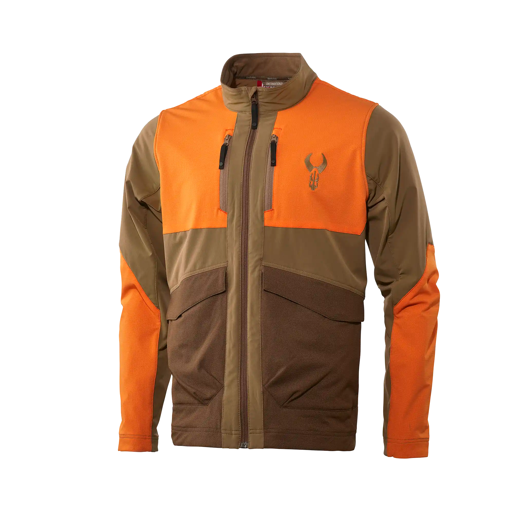 Orange and brown jacket with Moonrivers skull logo on chest, front zipper, and multiple pockets. High-contrast for visibility.