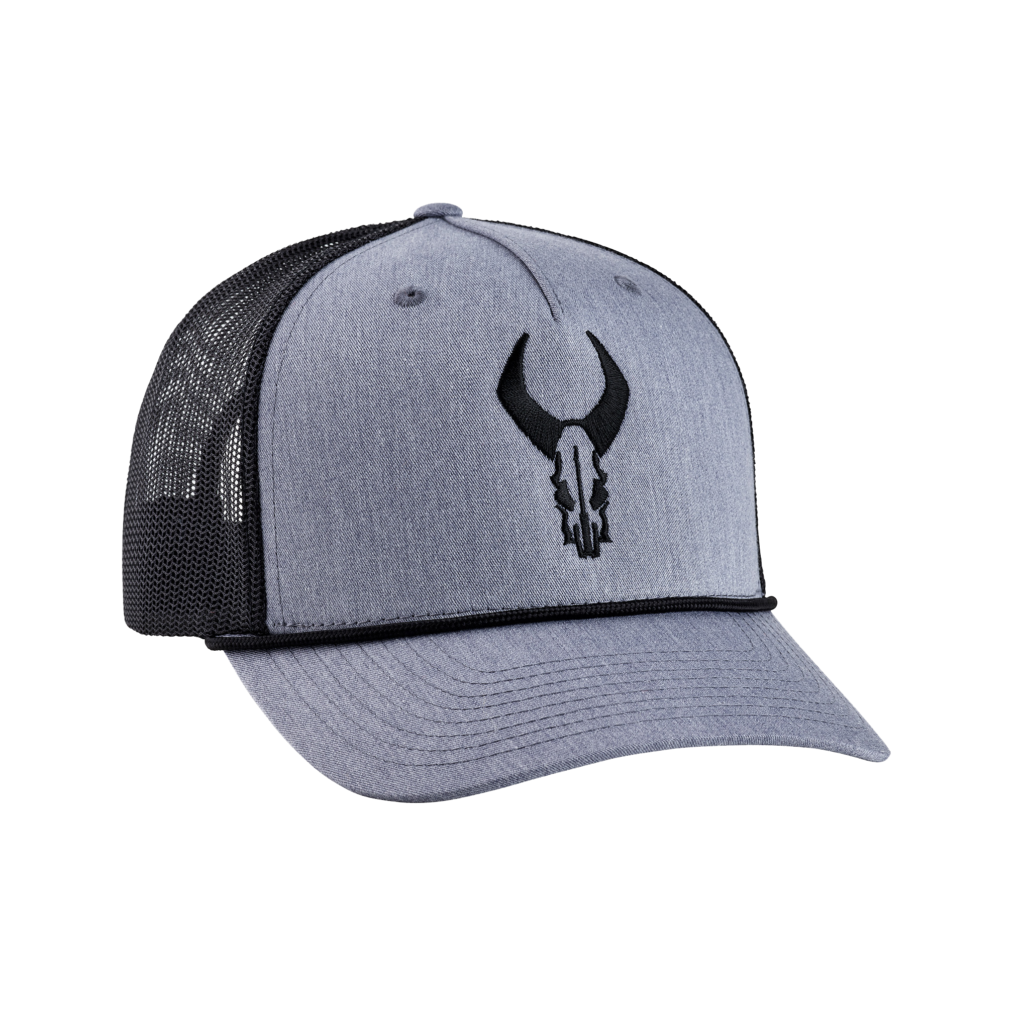 Gray Moonrivers trucker hat with black mesh and embroidered Moonrivers skull logo on the front.