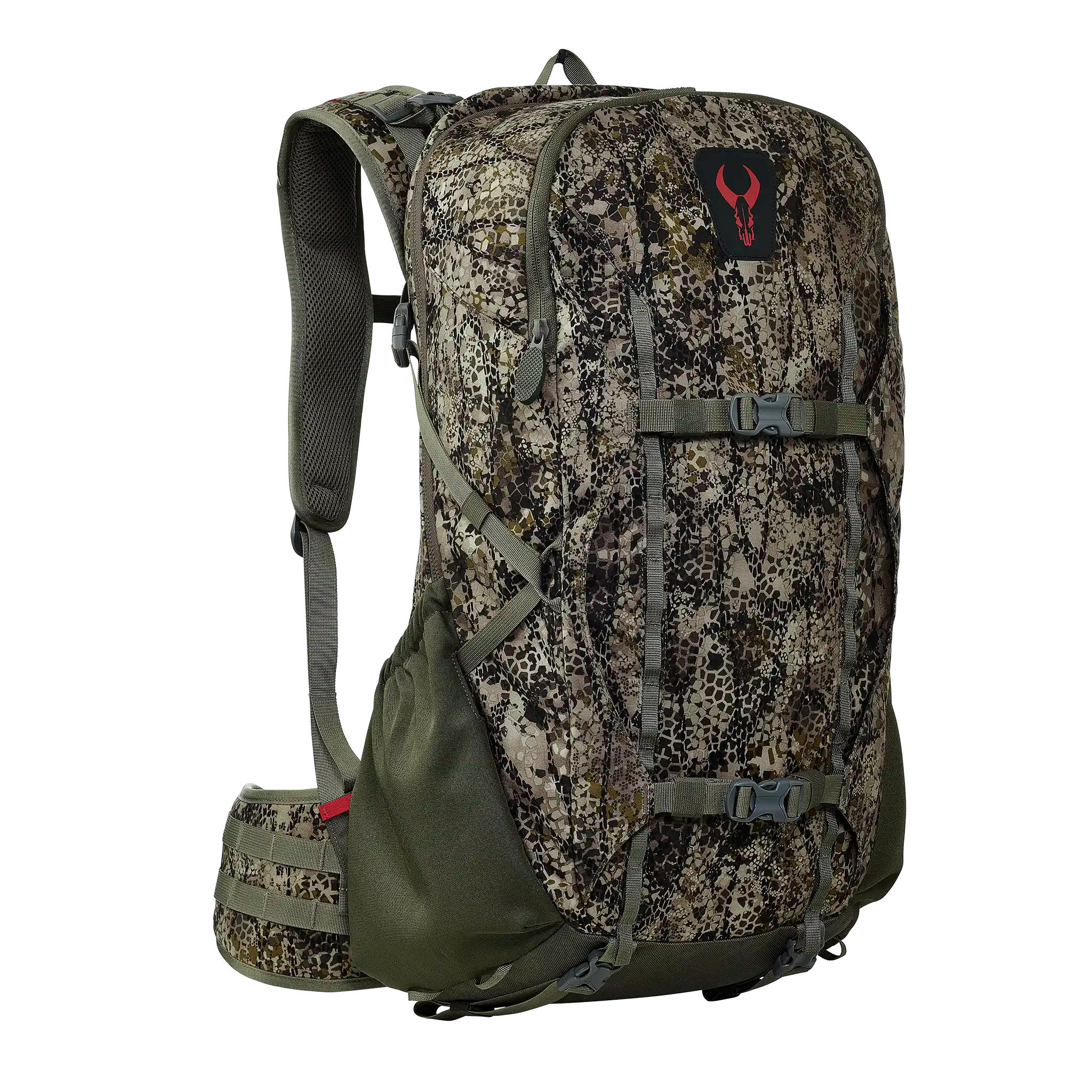 Camo hunting backpack with Moonrivers skull logo, padded straps, and multiple adjustable buckles for secure carrying.