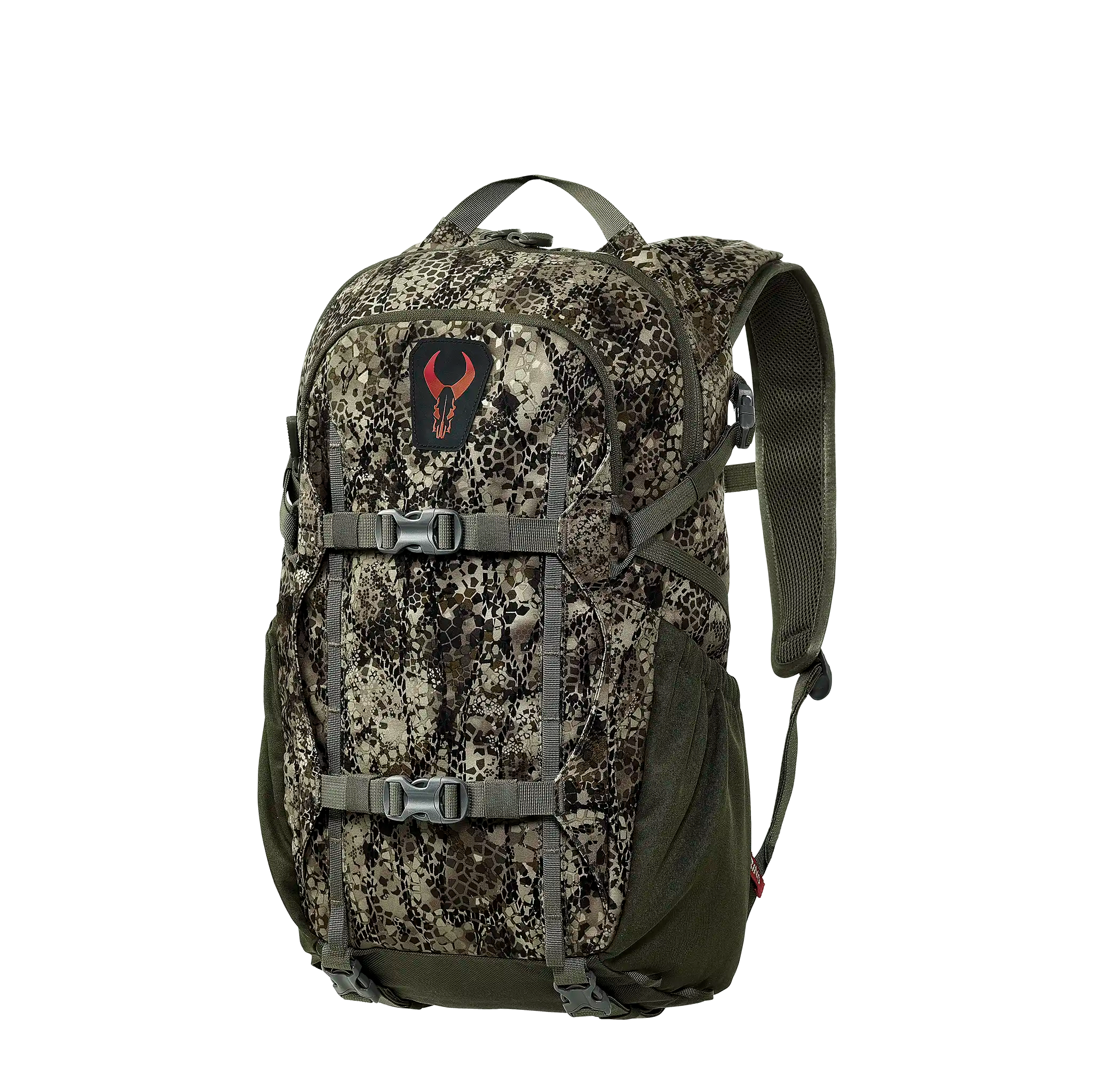 Camo backpack with Moonrivers skull logo, adjustable straps, and side pockets, designed for outdoor or hunting use.