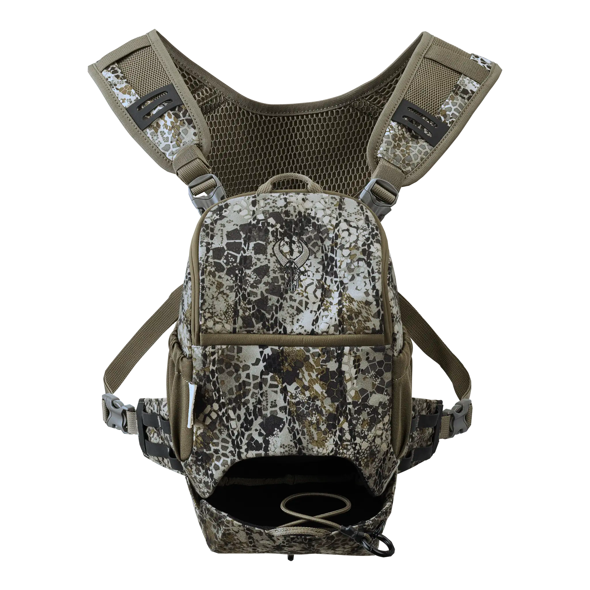 Camo-patterned chest pack with mesh straps and Moonrivers skull logo, designed for outdoor or hunting use.