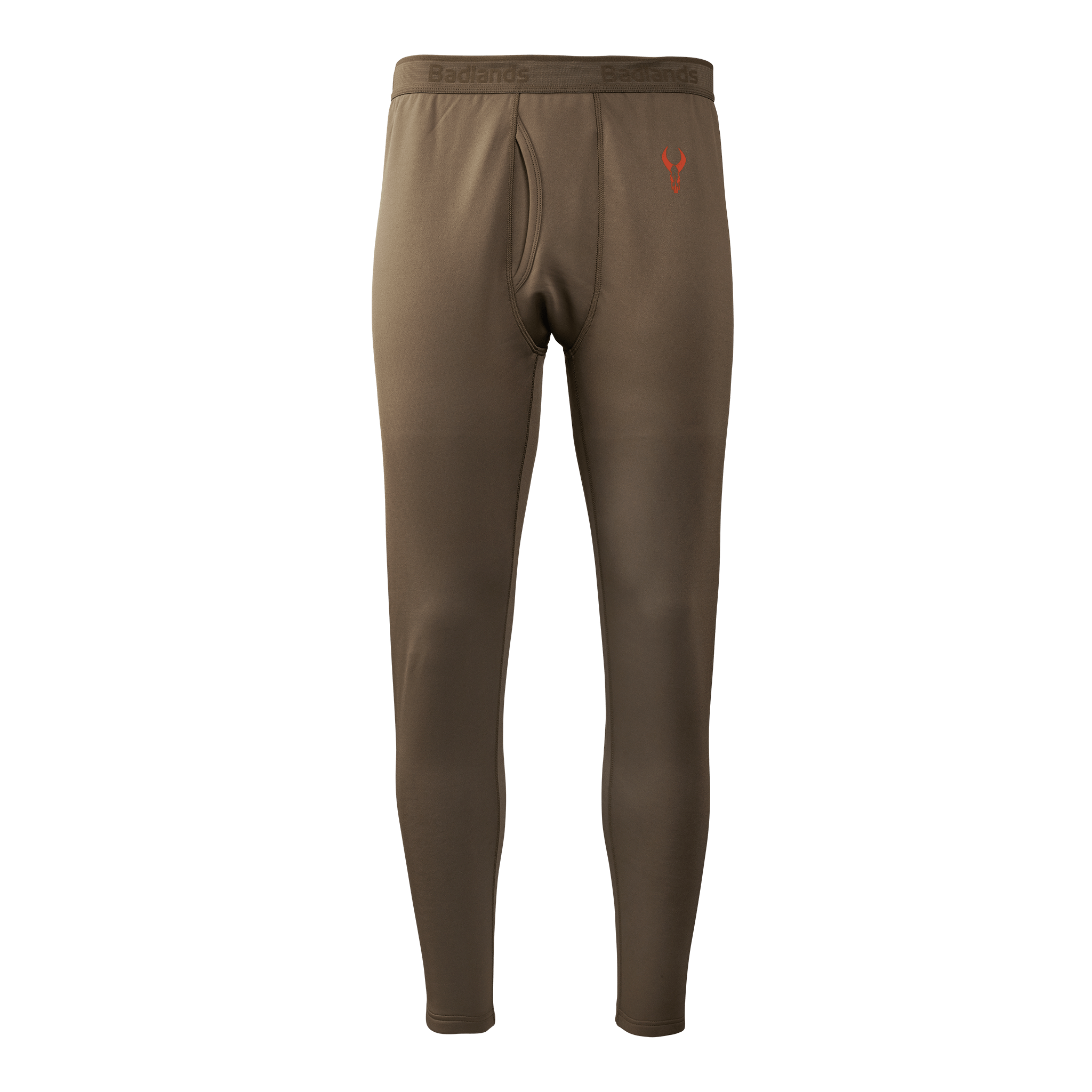 Brown thermal pants with fly, elastic Moonrivers waistband, and red Moonrivers skull logo on the left hip.