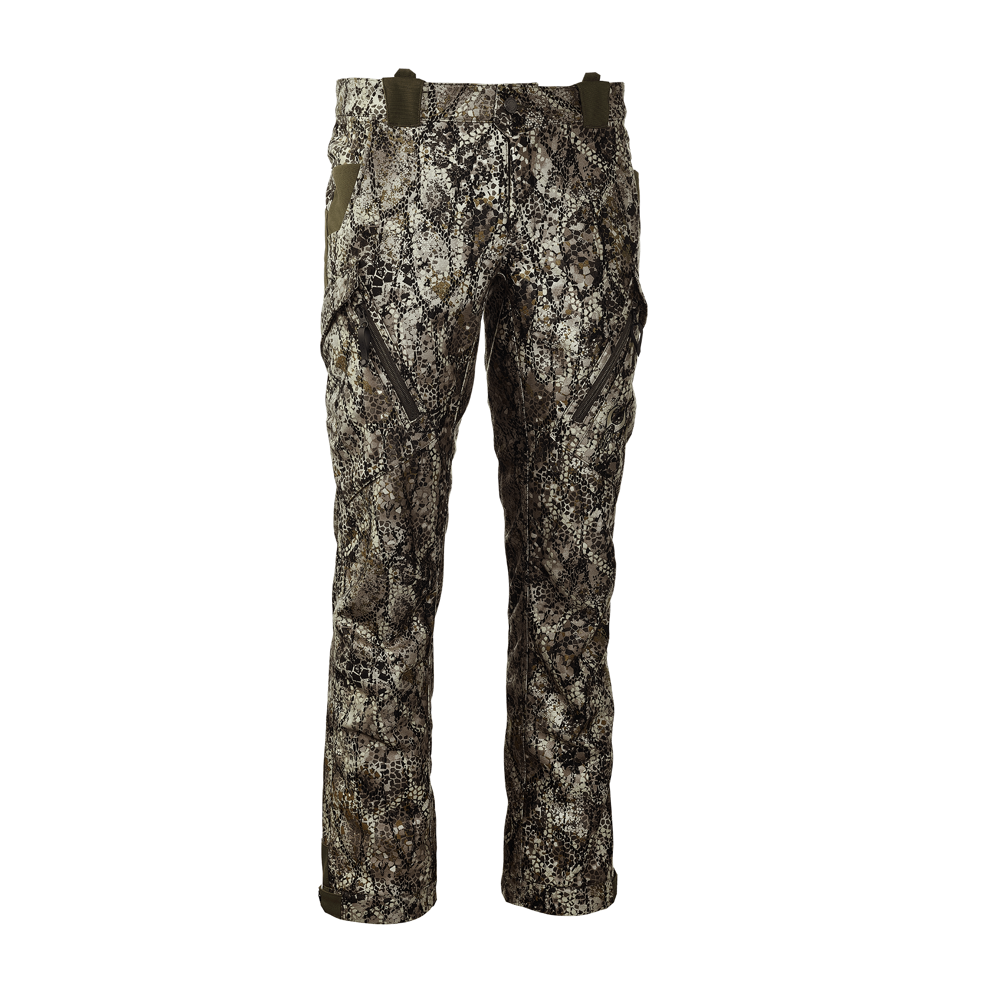 Camo hunting pants with zippered pockets and reinforced belt loops, featuring the Moonrivers Logo.