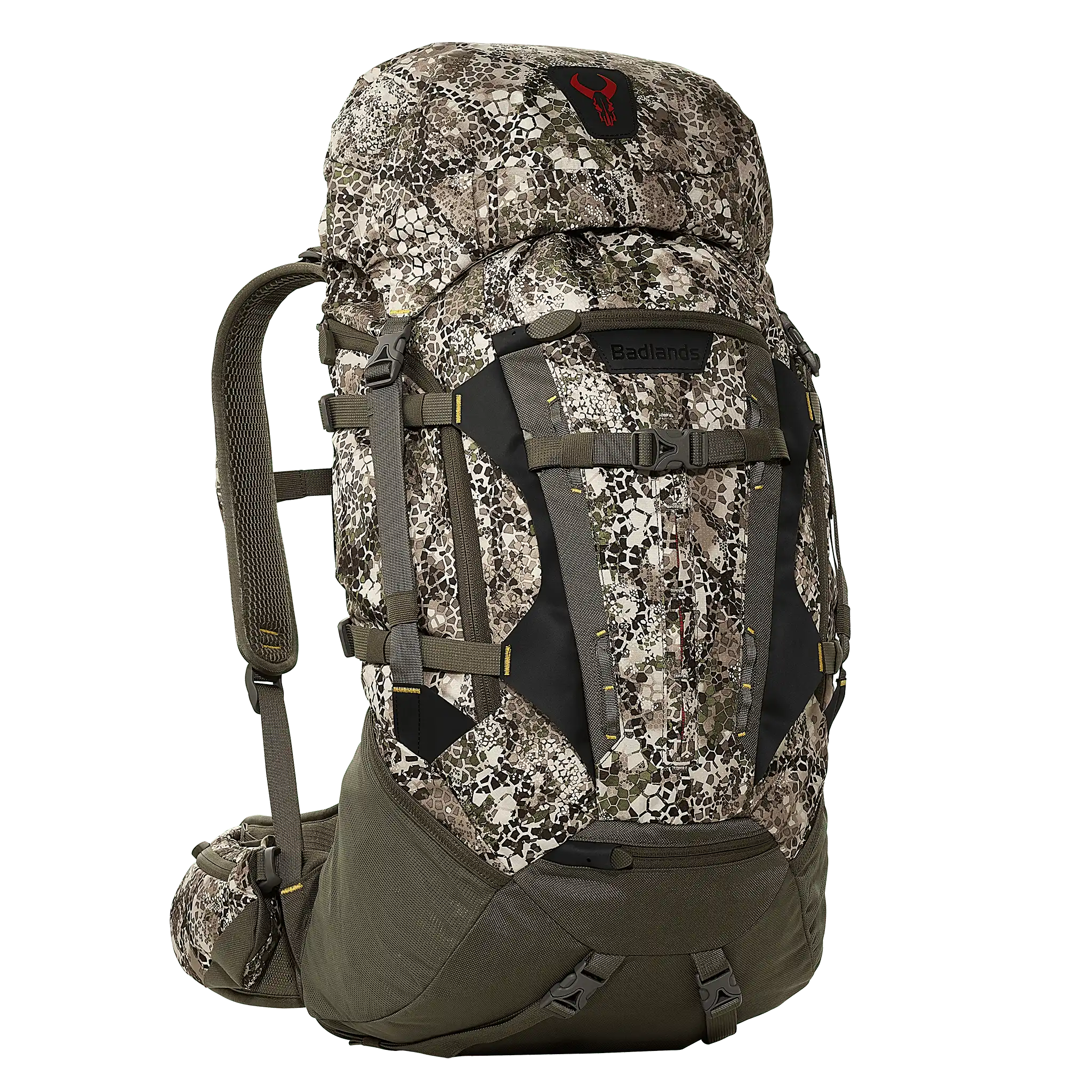 Camo hiking backpack with Moonrivers skull logo, padded straps, and multiple compartments for outdoor gear.