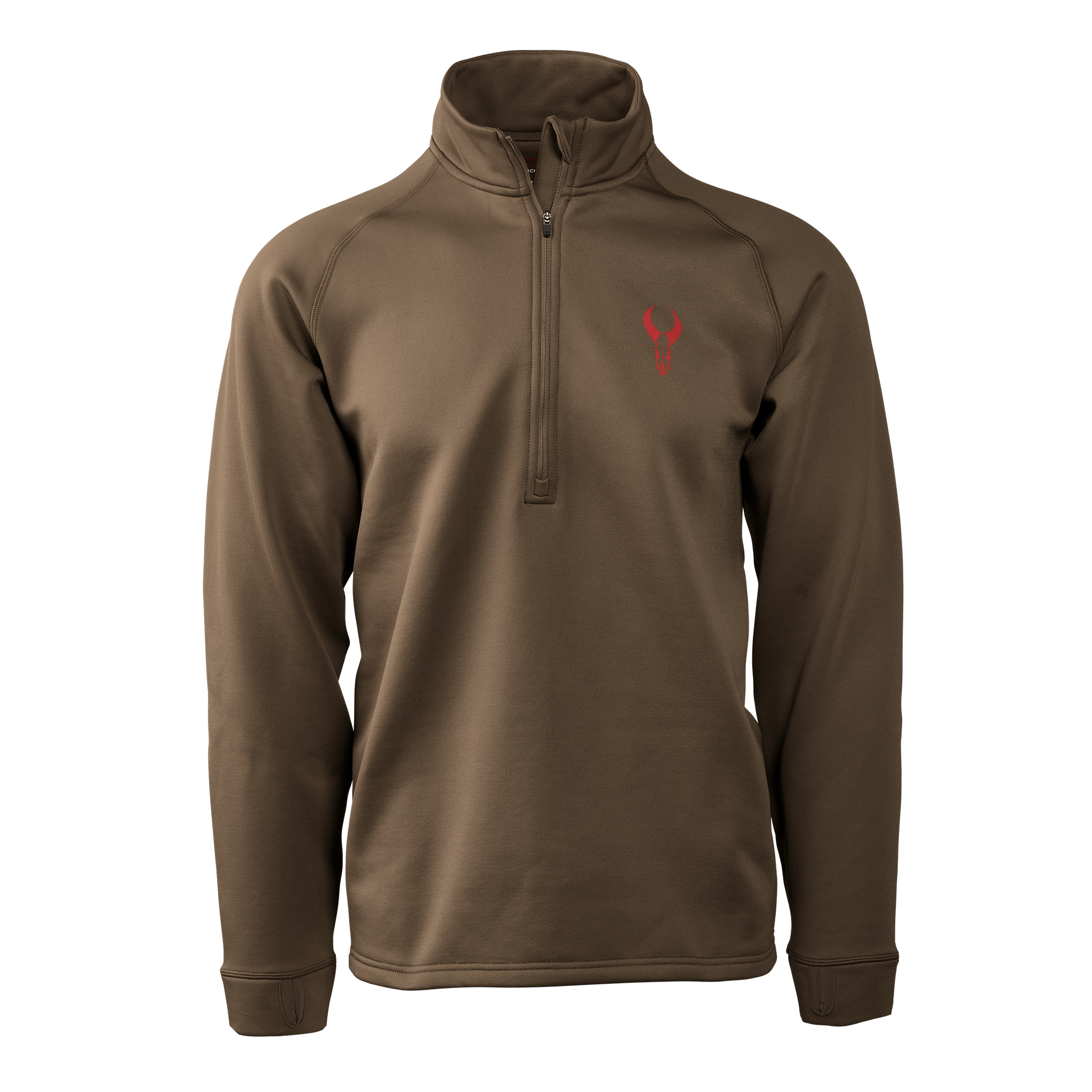 Brown quarter-zip pullover with a red Moonrivers Logo on the left chest. Simple, accessible design for outdoor wear.