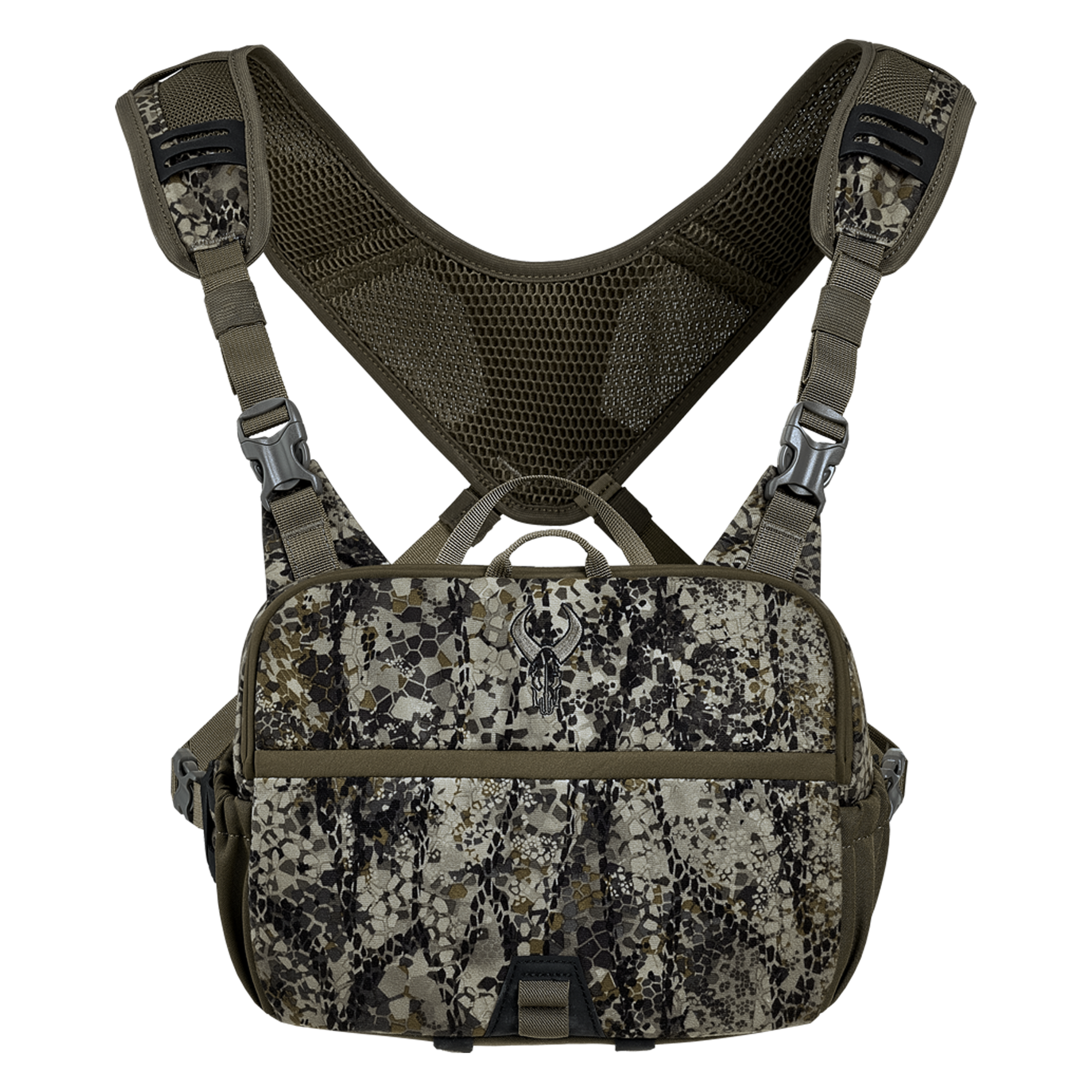 Camouflage chest pack with mesh straps and Moonrivers skull logo, designed for outdoor or hunting use.