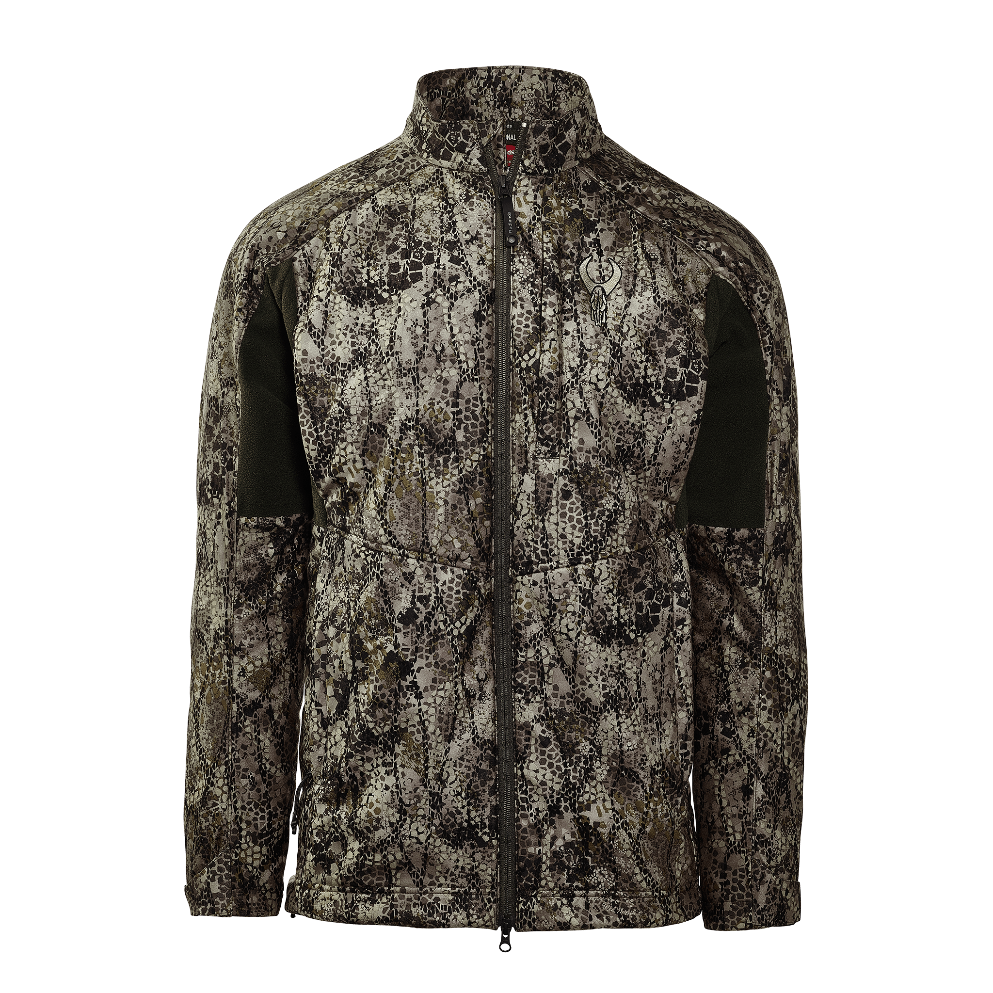 Camo jacket with full front zipper and Moonrivers skull logo on chest; features dark green shoulder and elbow panels.