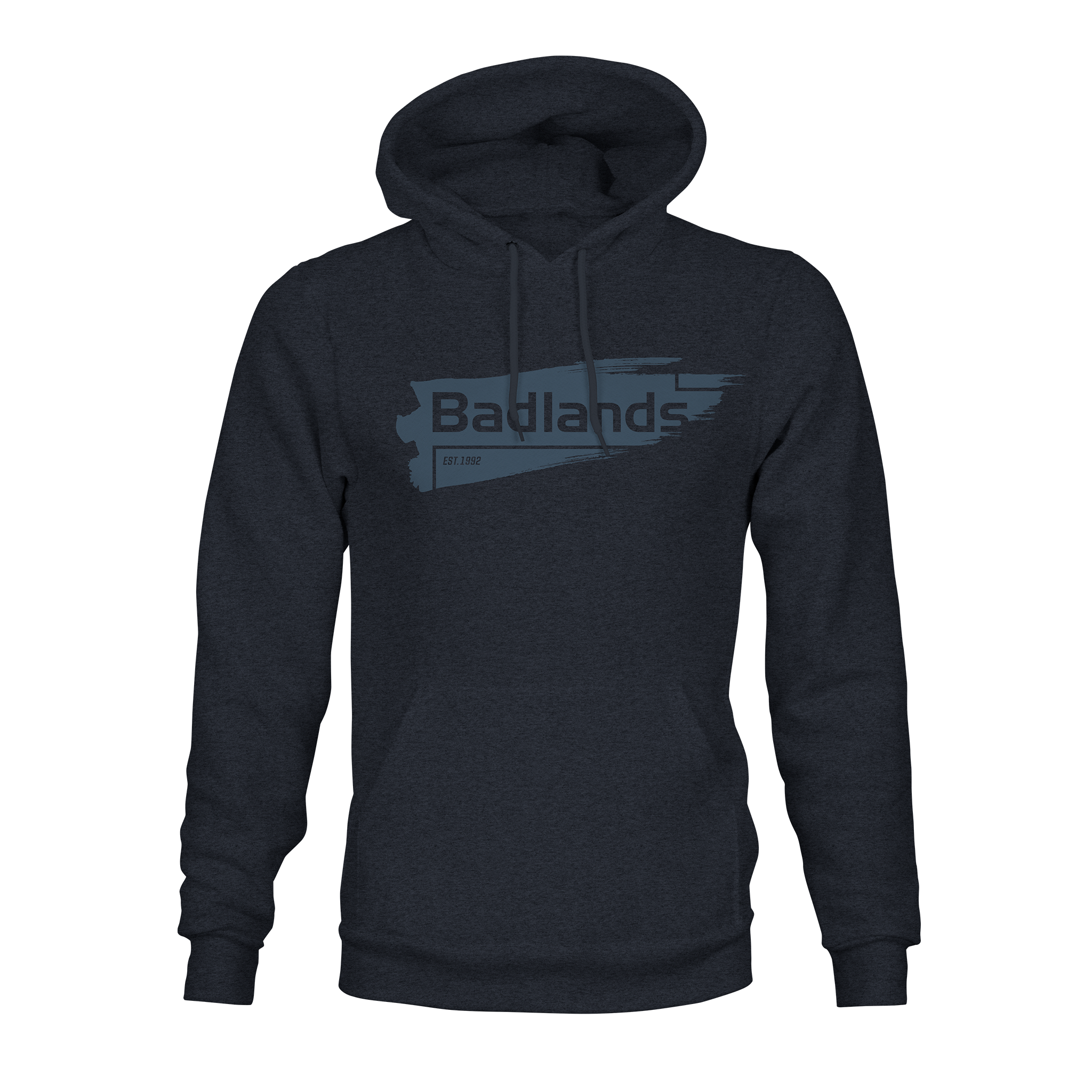 Dark hoodie with "Badlands" and logo on chest, featuring a blue brushstroke design and "EST. 1992" text.