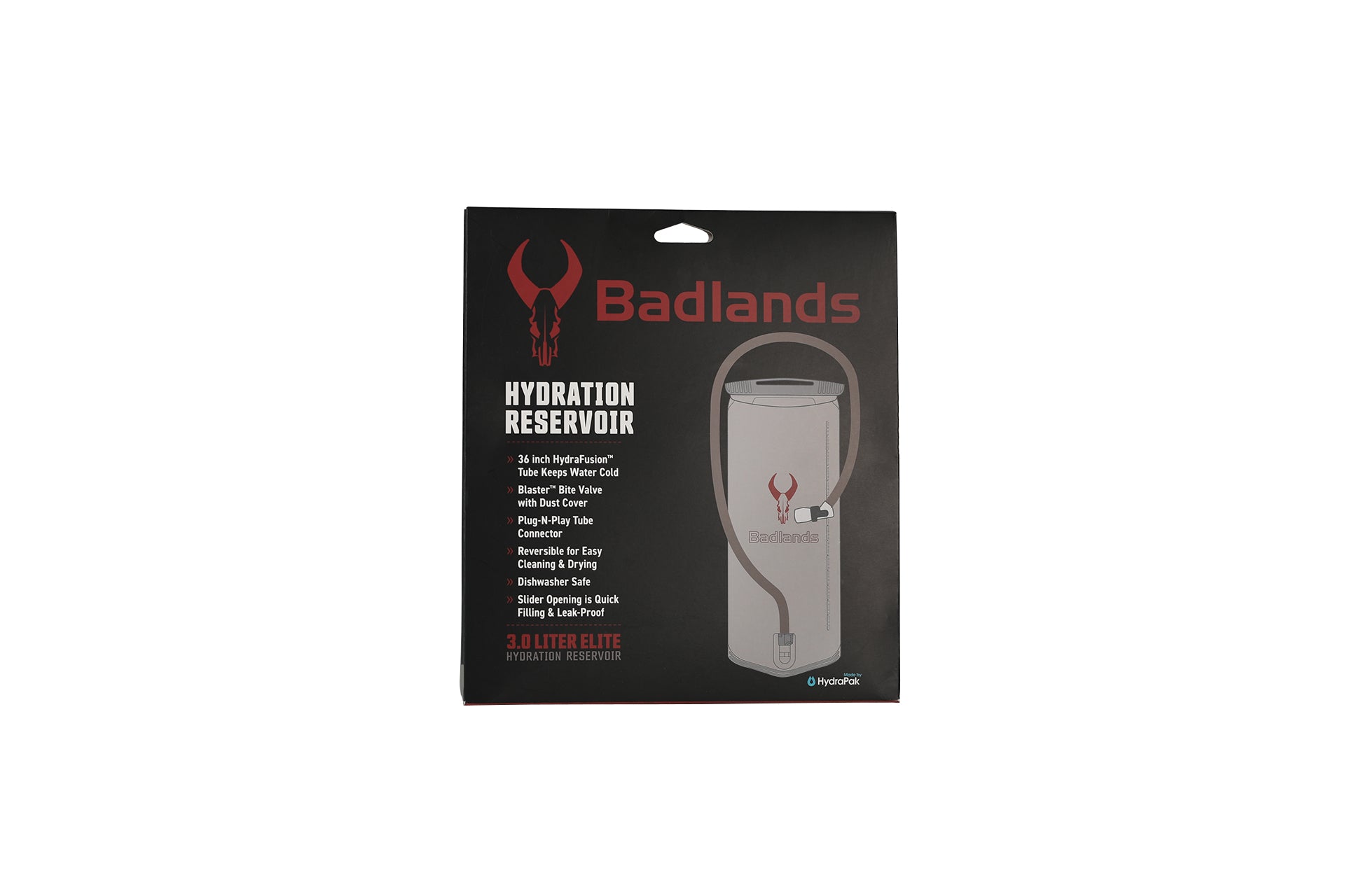 Moonrivers hydration reservoir packaging with skull logo, product features listed, and image of reservoir with attached tube.