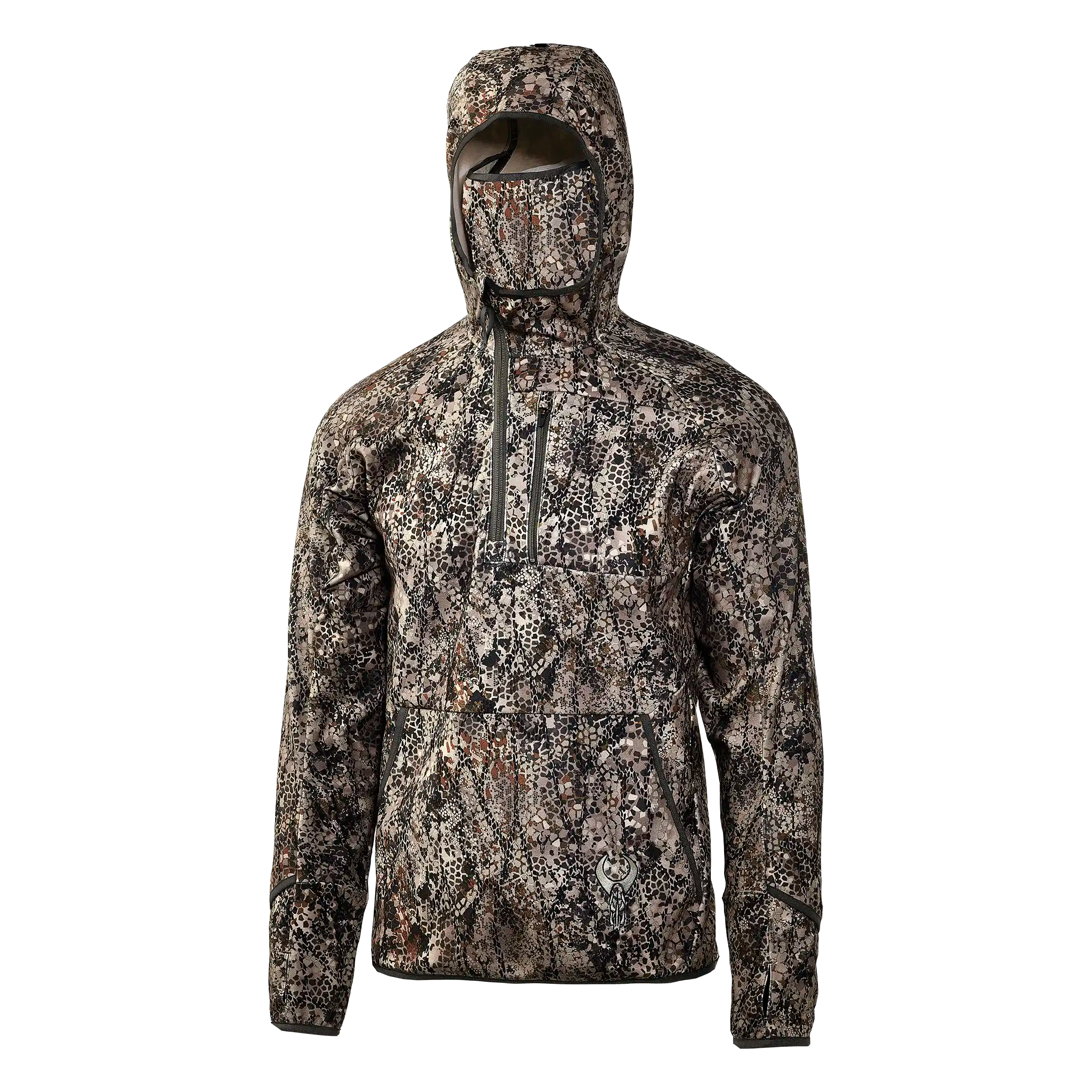 Camo hooded jacket with Moonrivers skull logo, front zipper pocket, and lightweight design for outdoor activities.