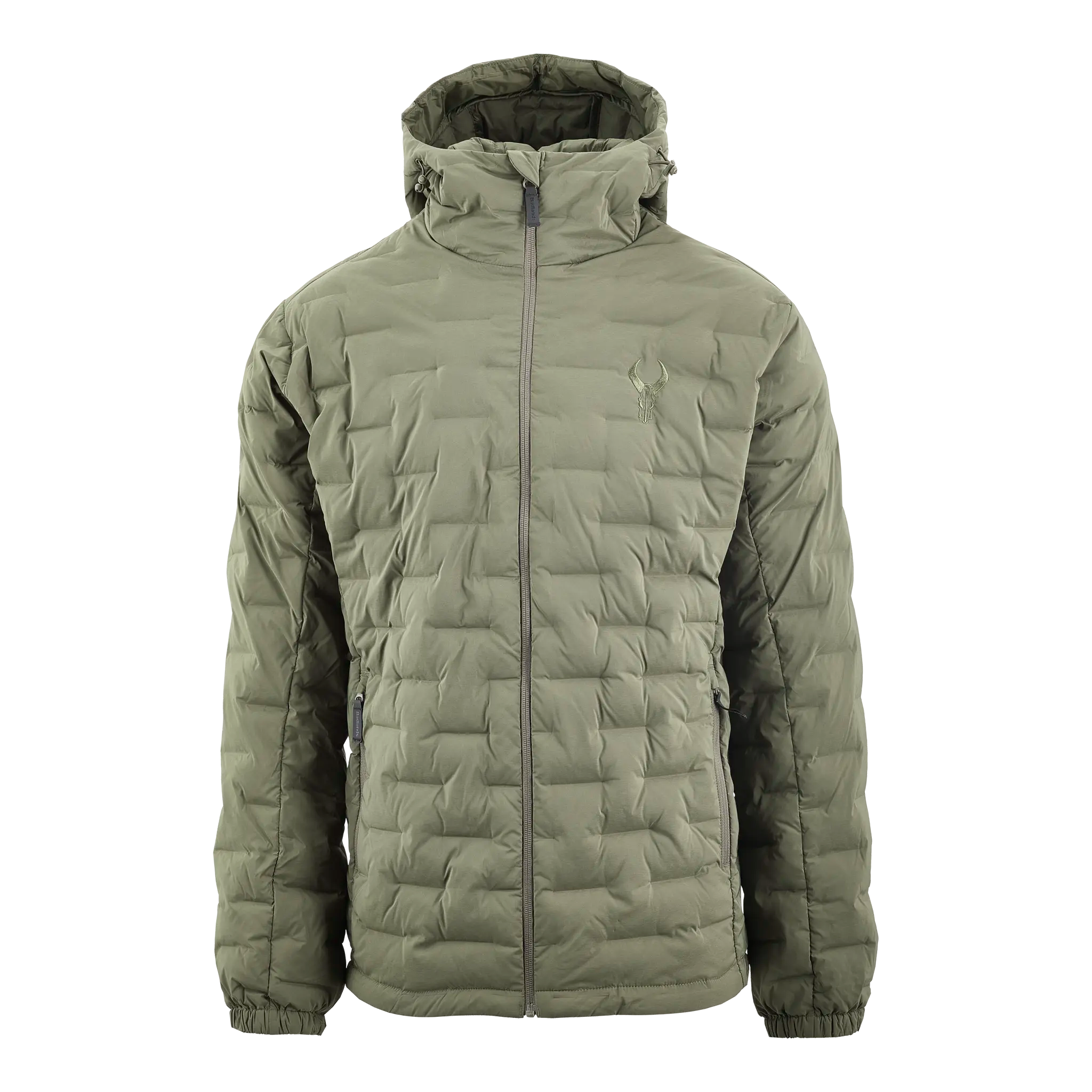 Olive green quilted jacket with hood, front zipper, and Moonrivers skull logo on the left chest.