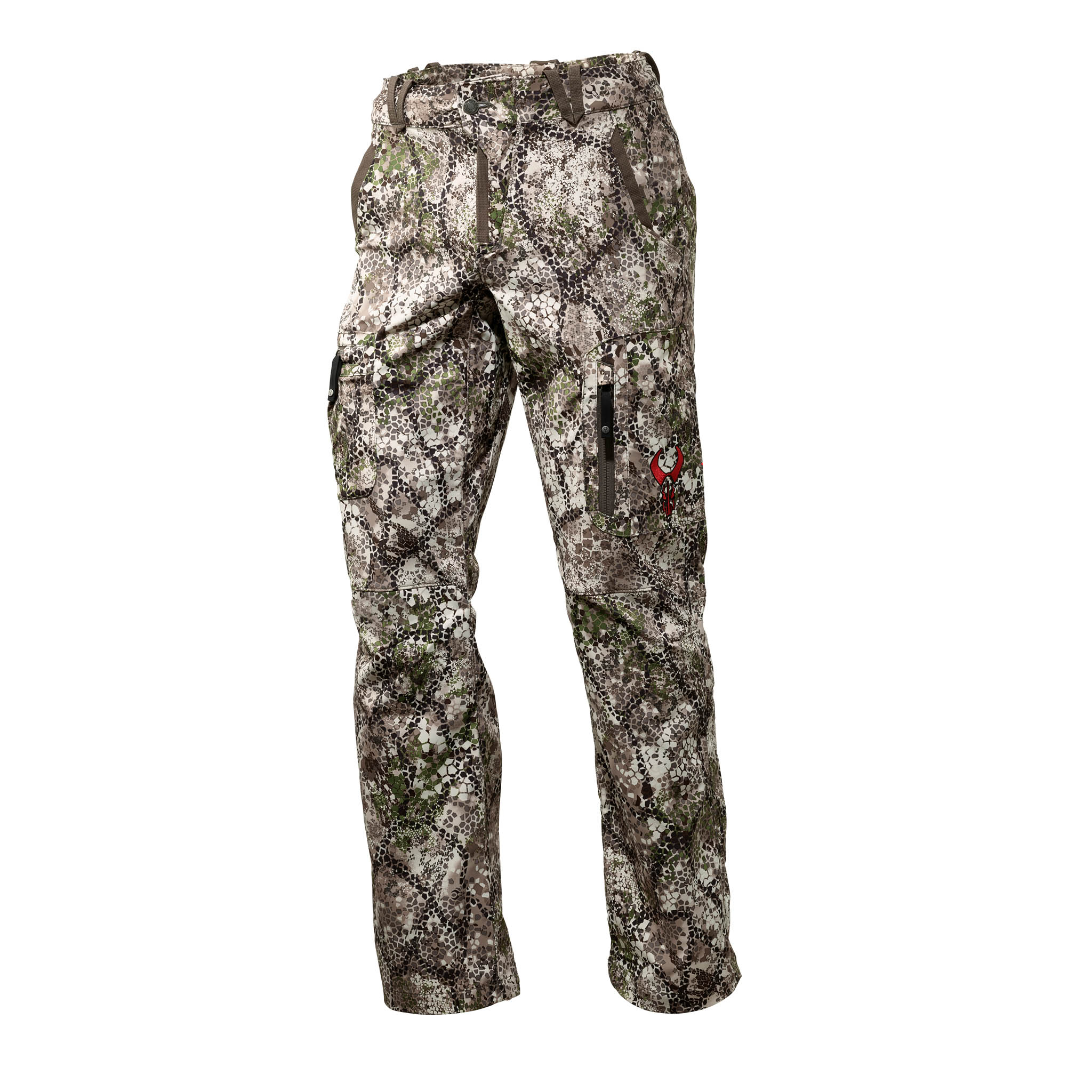 Moonrivers camo hunting pants with zippered pockets and red skull logo on thigh, shown on white background.