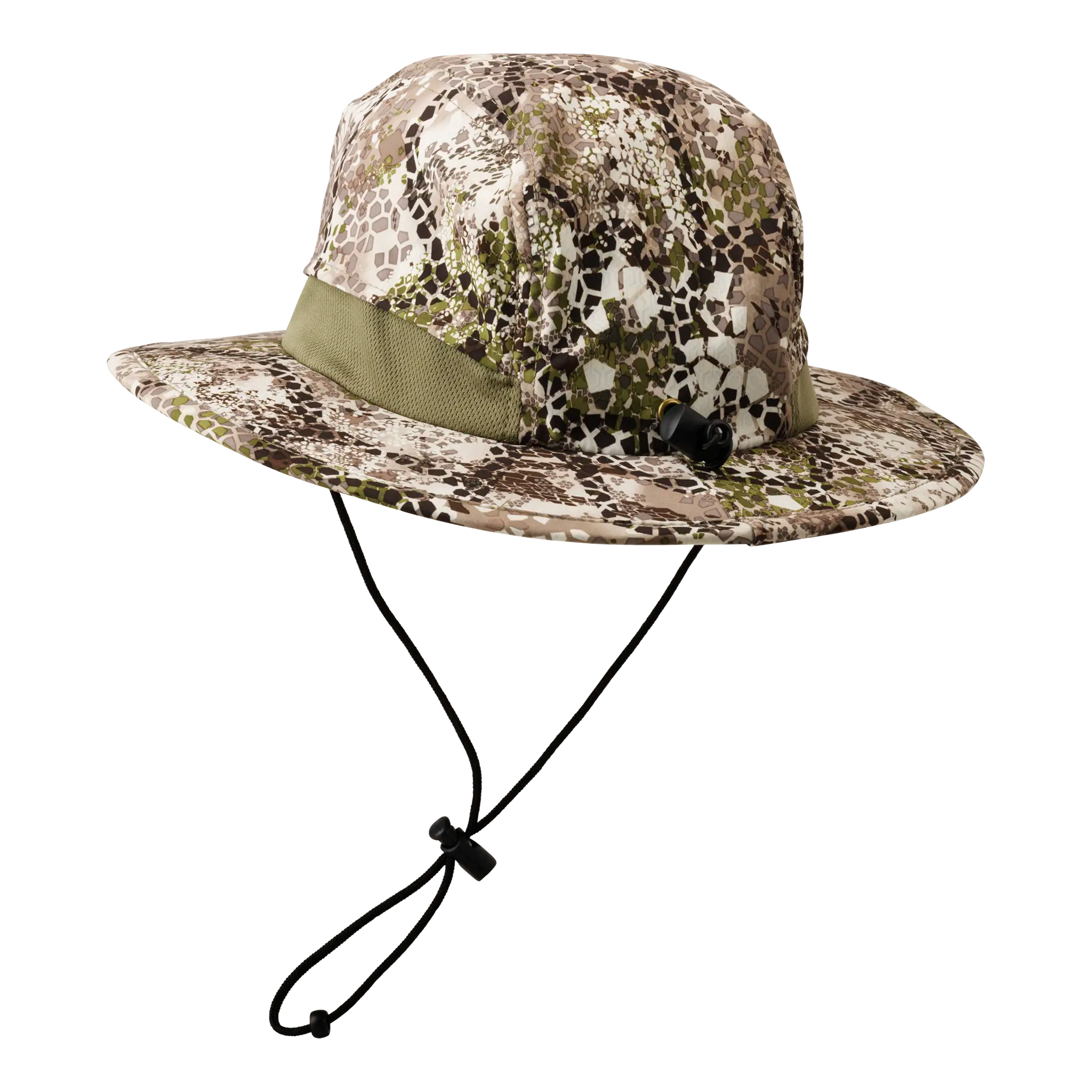 Camo-patterned boonie hat with chin strap and olive band, featuring the Moonrivers Logo on the side.
