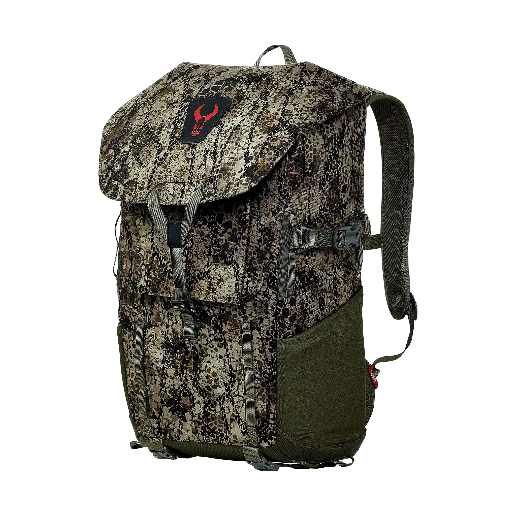 Camo backpack with Moonrivers skull logo, adjustable straps, and side pockets; designed for outdoor use.