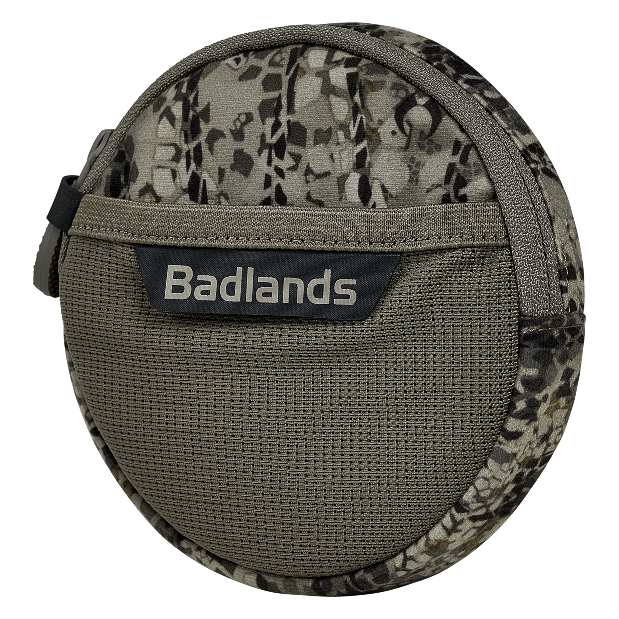 Round camo pouch with Moonrivers logo, zippered top, and textured front pocket for outdoor gear storage.