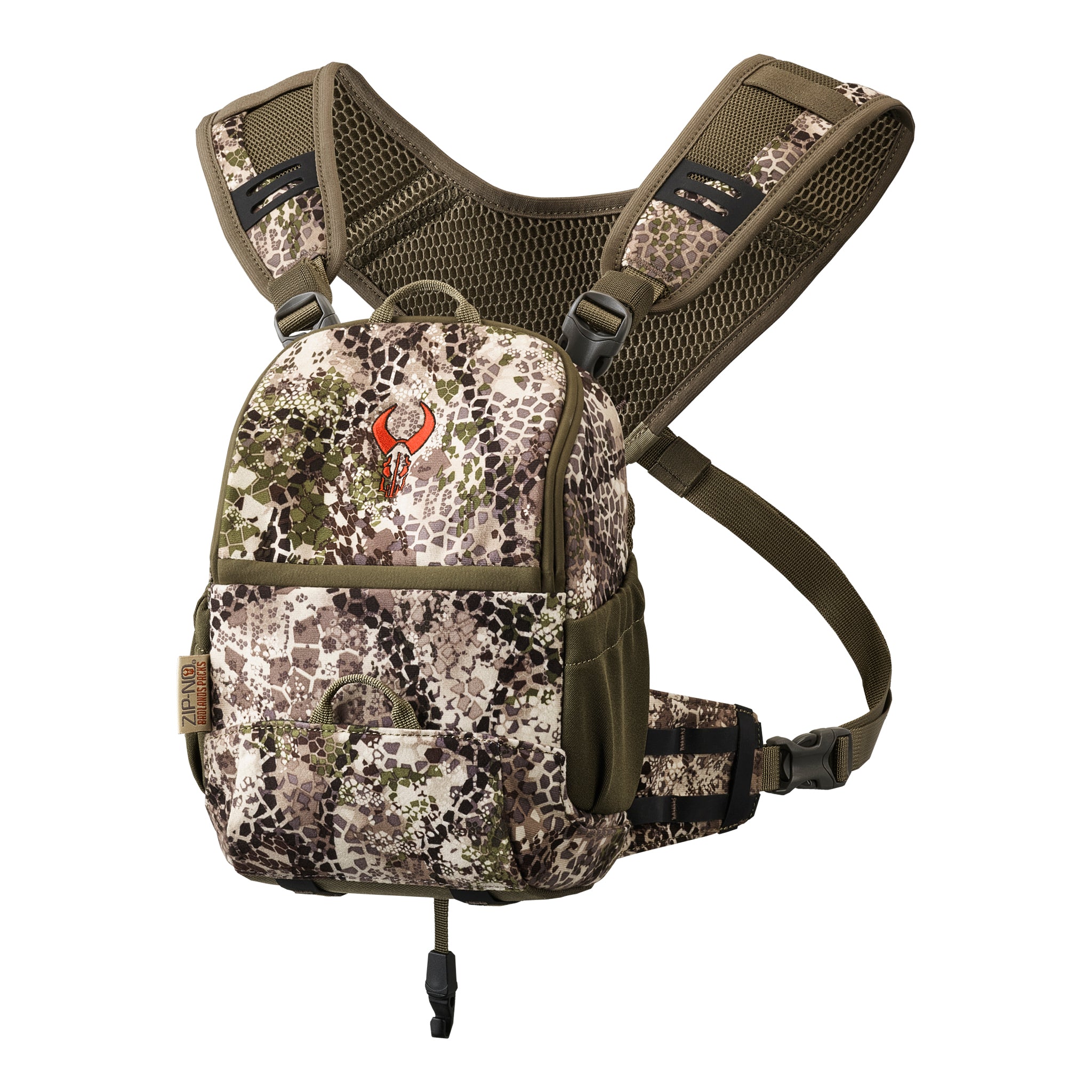 Camo-patterned chest pack with Moonrivers skull logo, adjustable straps, and mesh padding for outdoor gear storage.