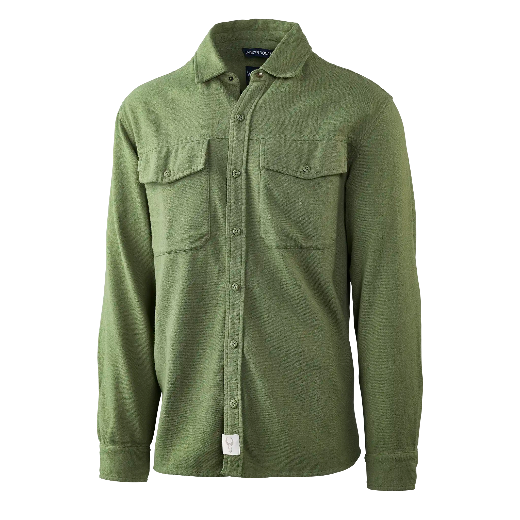 Olive green Moonrivers shirt with chest pockets and logo skull tag for easy brand identification.