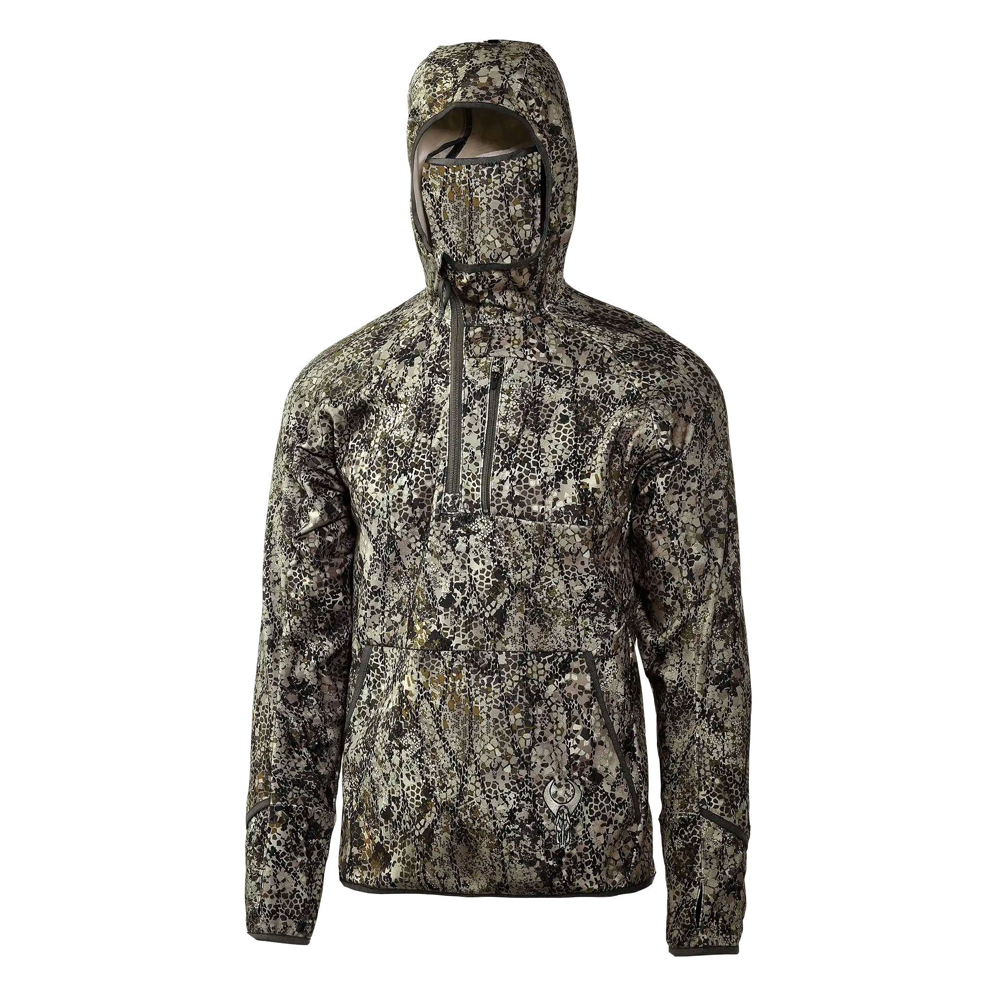 A camo-patterned jacket with hood and chest zipper, featuring the Moonrivers Logo on the lower front.