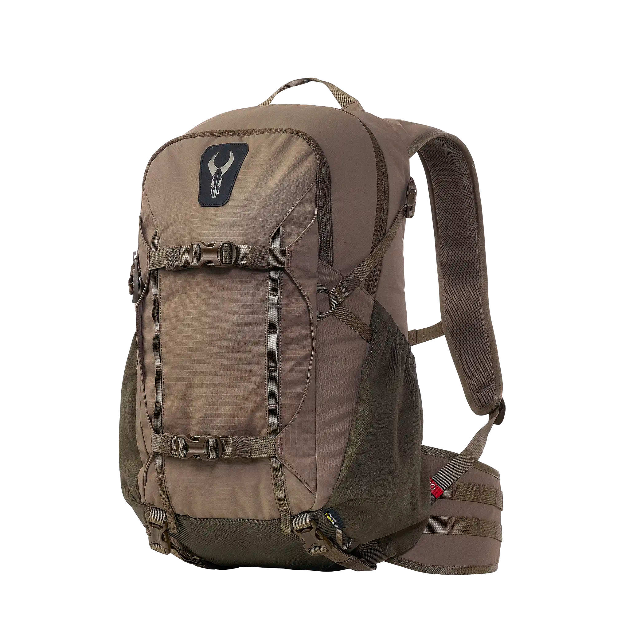 Brown Moonrivers backpack with padded straps and skull logo, designed for outdoor use and easy carrying.