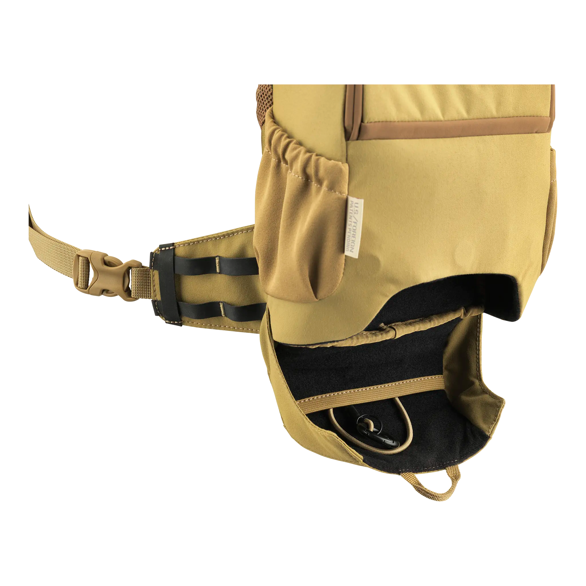Tan backpack hip belt with open pocket, elastic pouch, and buckle. Moonrivers Logo not visible. Accessible storage design.