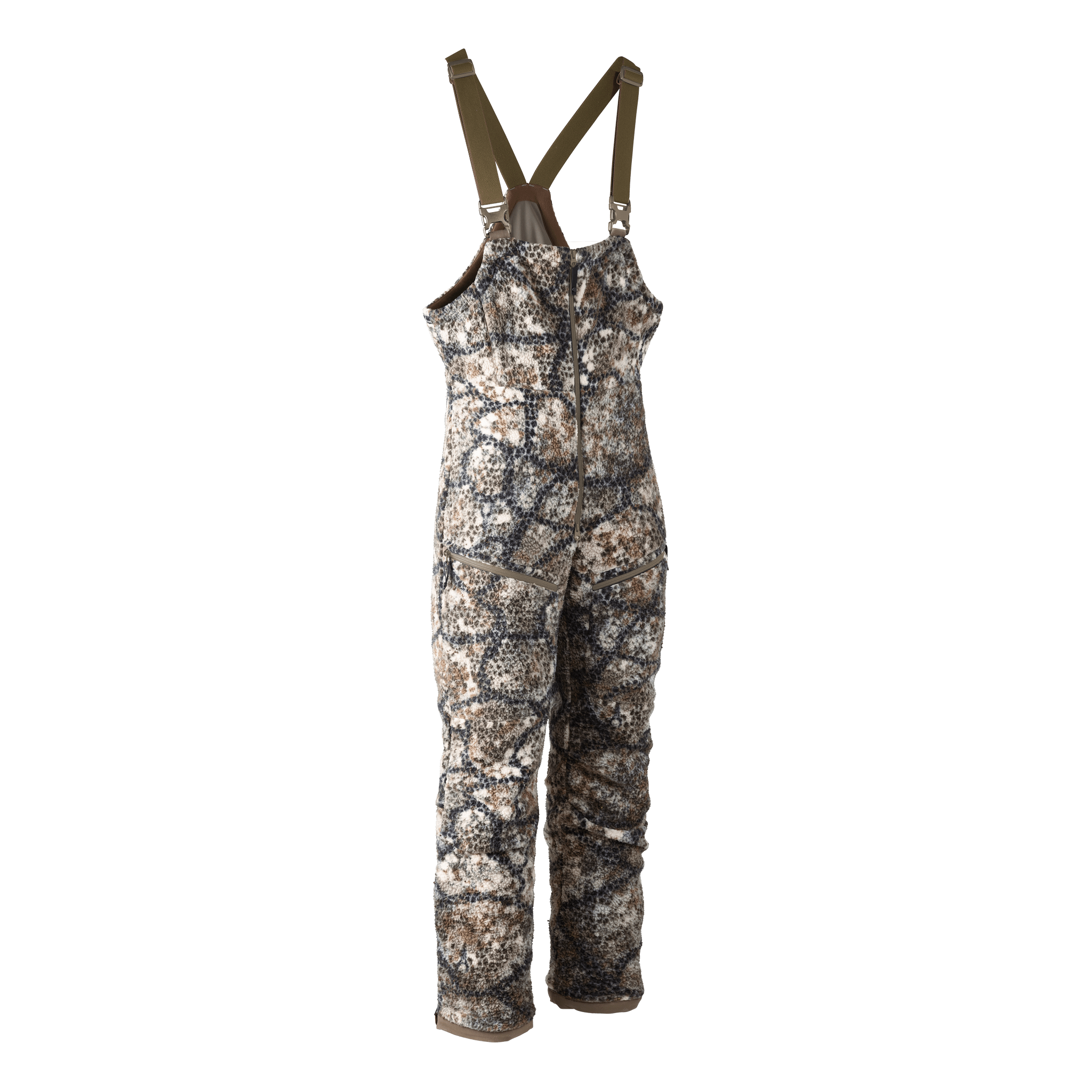 Moonrivers camo hunting bib with adjustable straps, front zipper, and logo skull patch; designed for outdoor use.