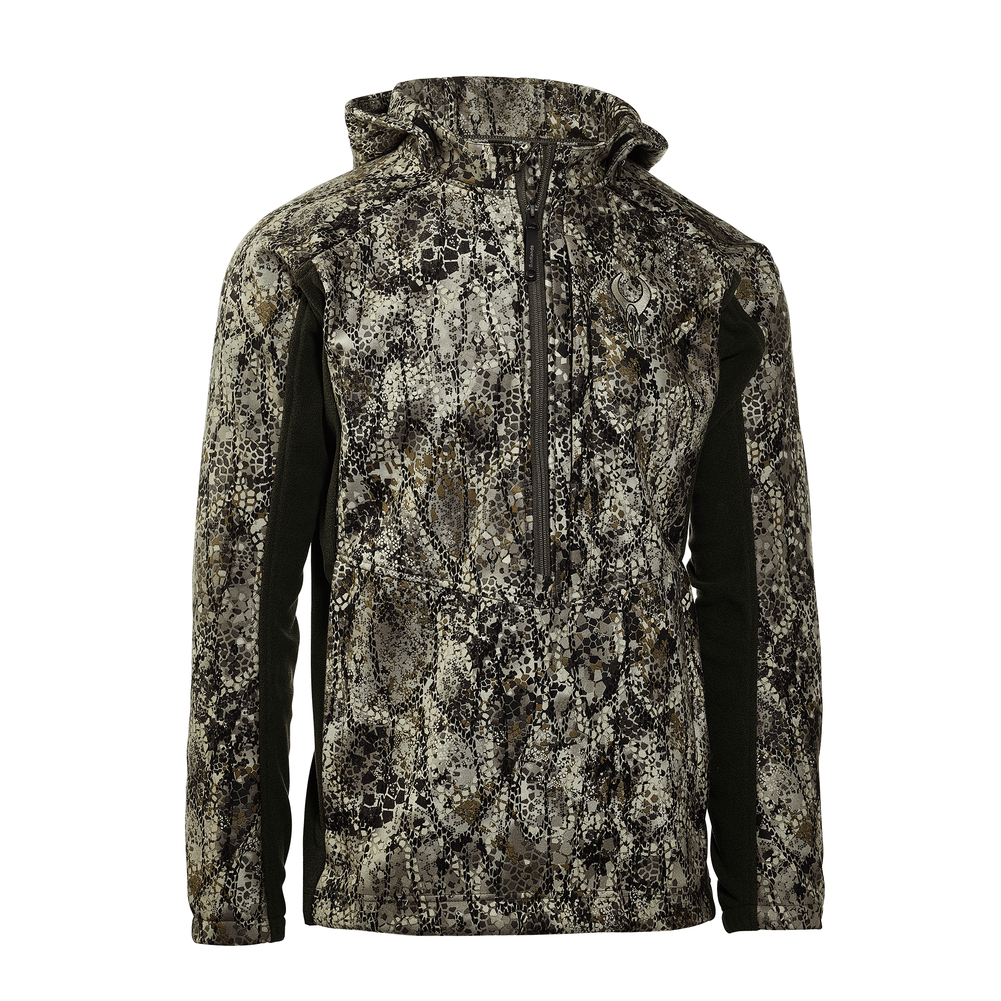 Camo hunting jacket with hood, front zipper, and Moonrivers Logo on chest. Designed for outdoor use and concealment.