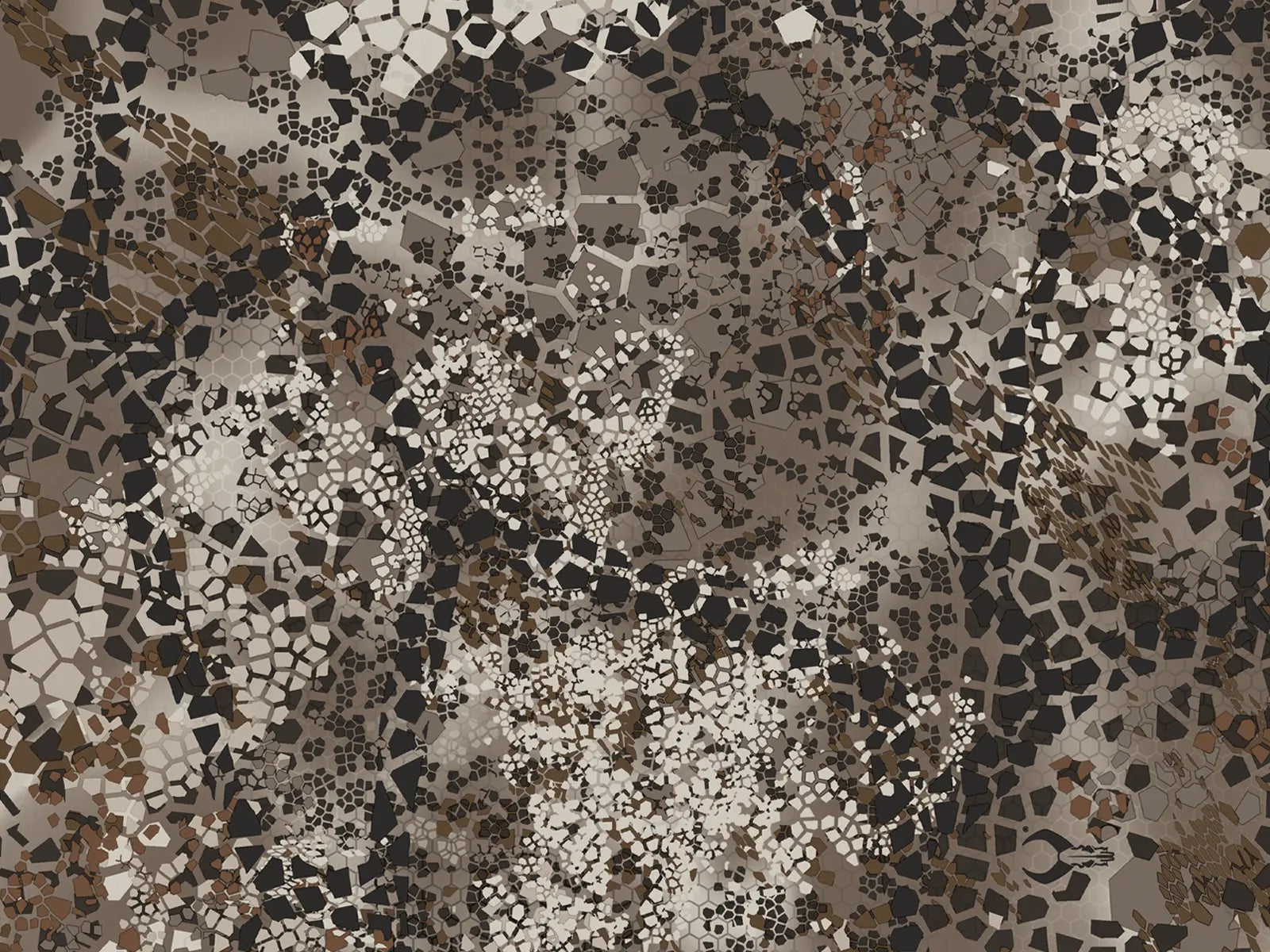Mosaic camo pattern in earth tones with a subtle Moonrivers skull logo, designed for effective concealment in rugged terrain.
