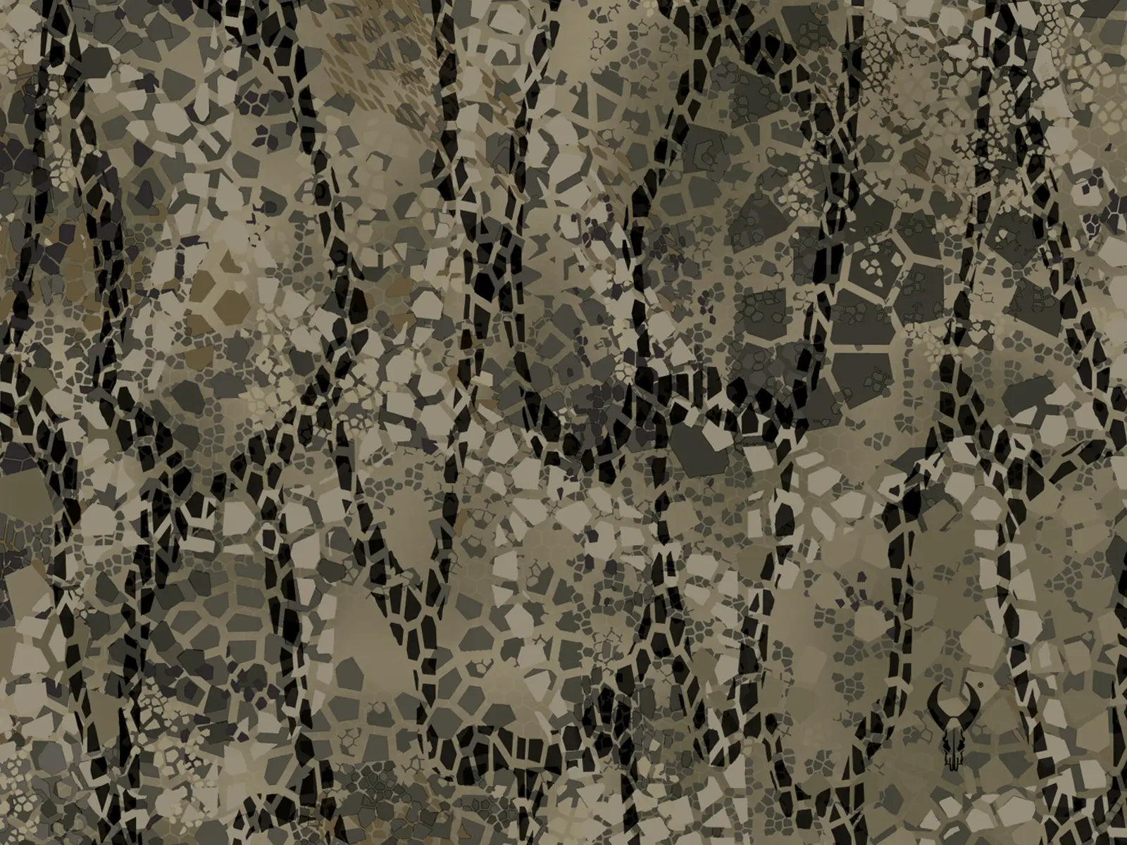 Tan and gray Moonrivers camo pattern with abstract shapes and a small Moonrivers skull logo in the lower right corner.