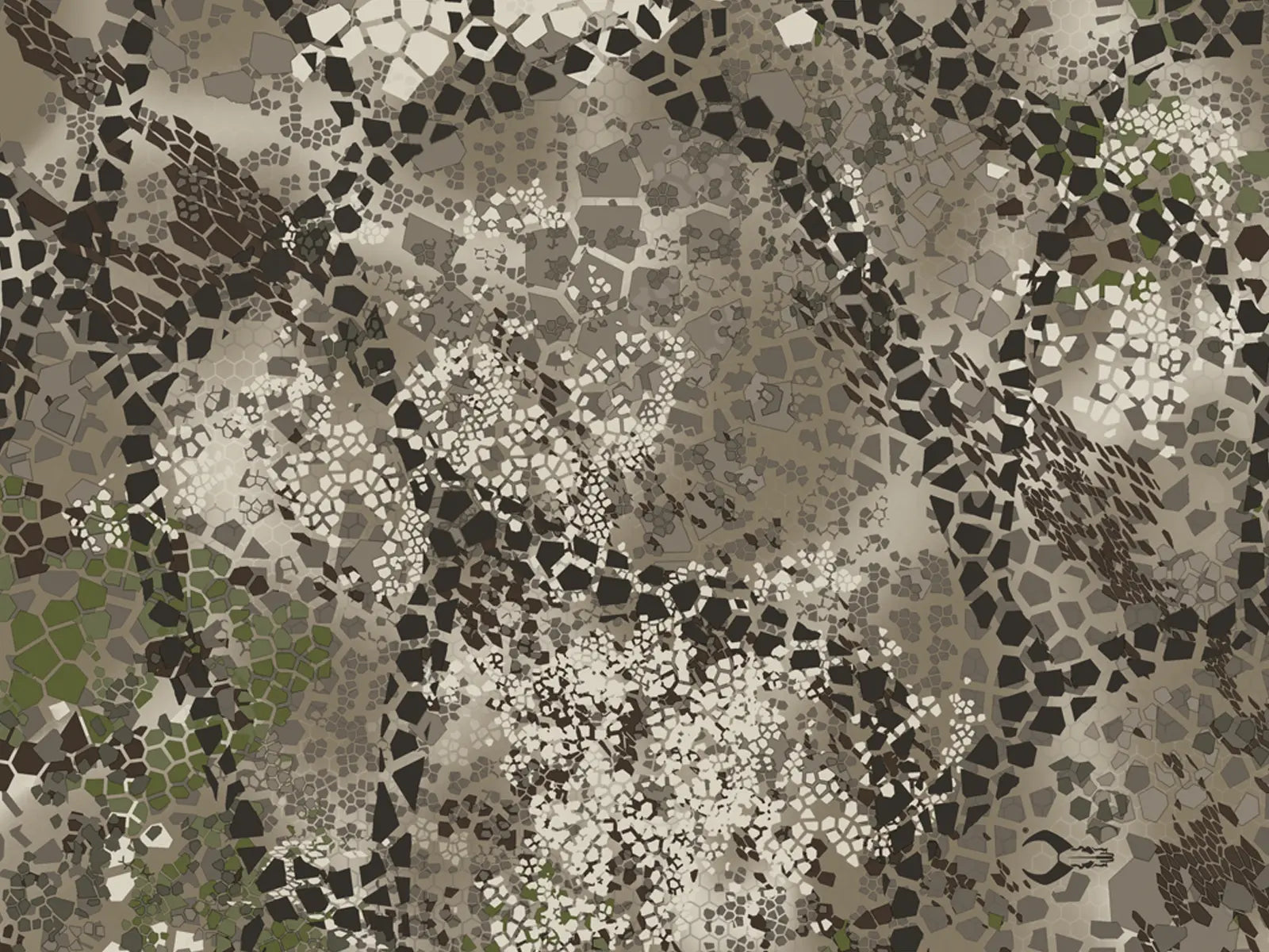 Moonrivers camo pattern with earth tones, mosaic shapes, and a subtle Moonrivers skull logo near the lower right.