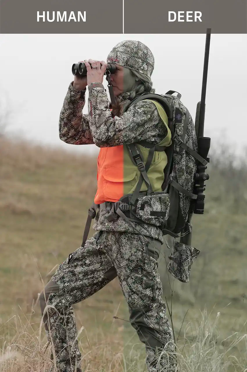 Hunter in Moonrivers camo gear with orange vest, holding binoculars and rifle; Moonrivers skull logo visible on backpack.
