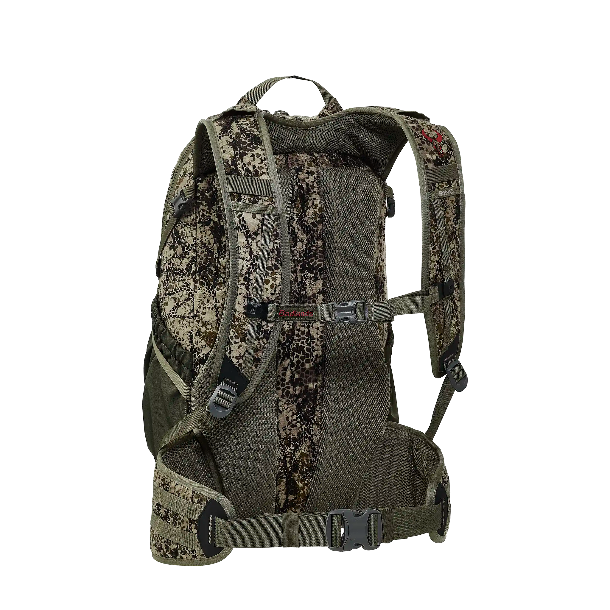 Camo hunting backpack with padded straps, mesh back, and Moonrivers skull logo on the right shoulder strap.
