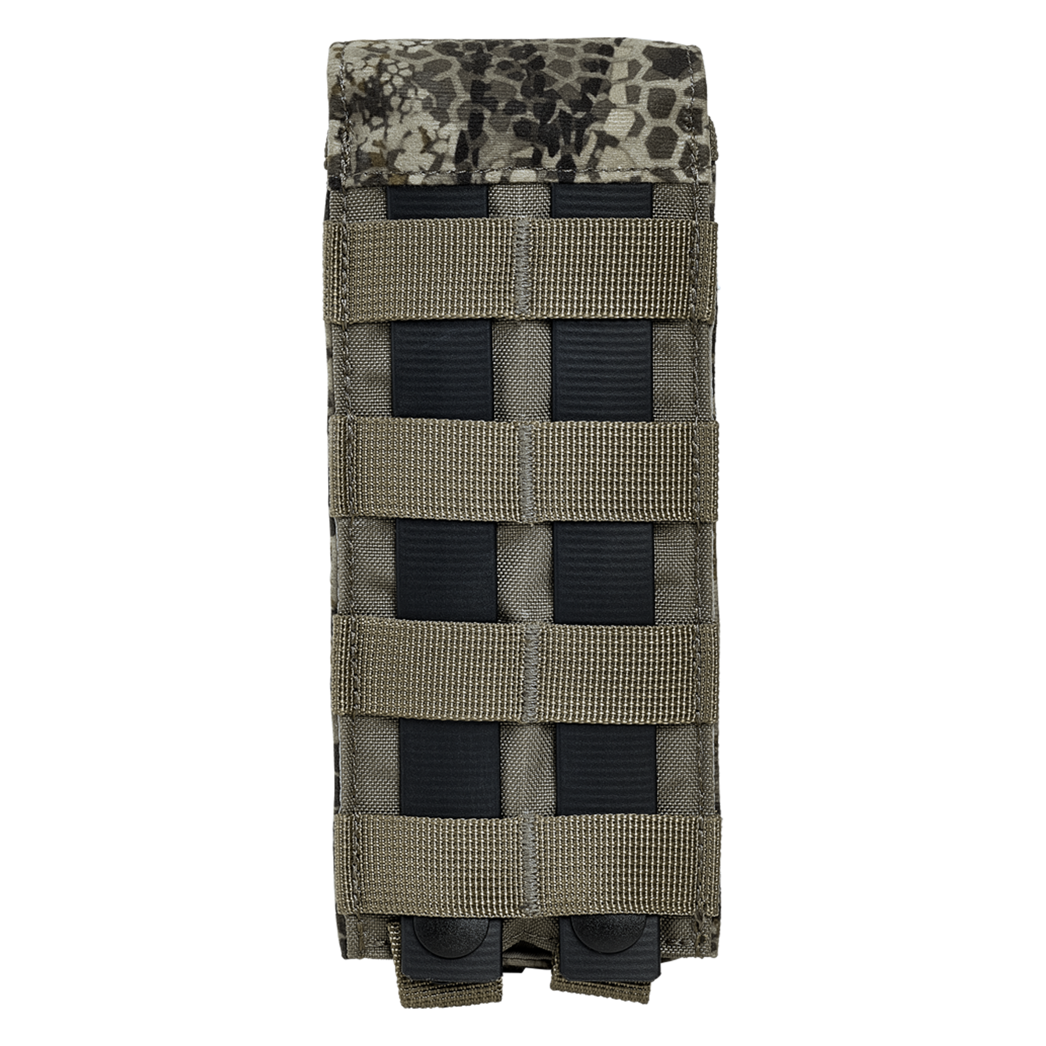 Camouflage MOLLE pouch with tan webbing, designed for modular attachment to tactical gear.