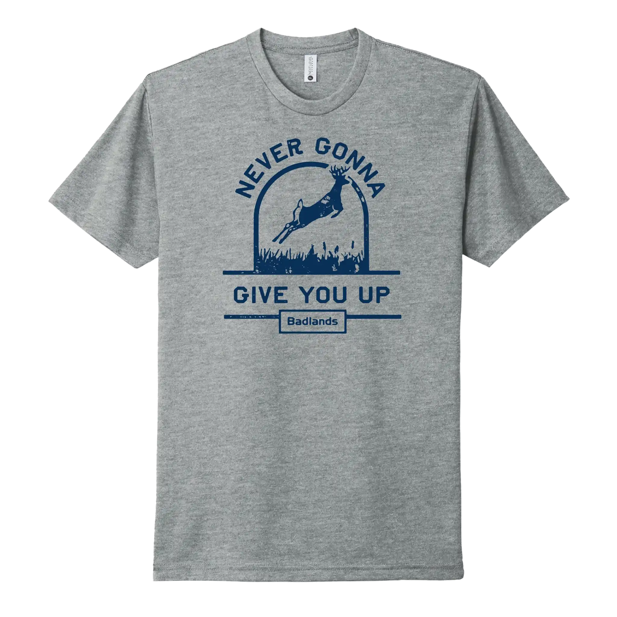 Gray t-shirt with a leaping deer, text "Never Gonna Give You Up," and the Moonrivers Logo below. Blue graphic and lettering.