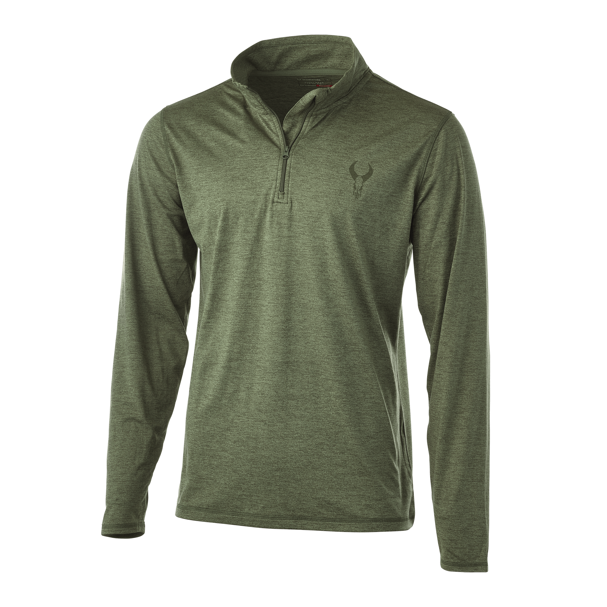 Olive green Moonrivers quarter-zip pullover with long sleeves and skull logo on left chest. Accessible, lightweight design.