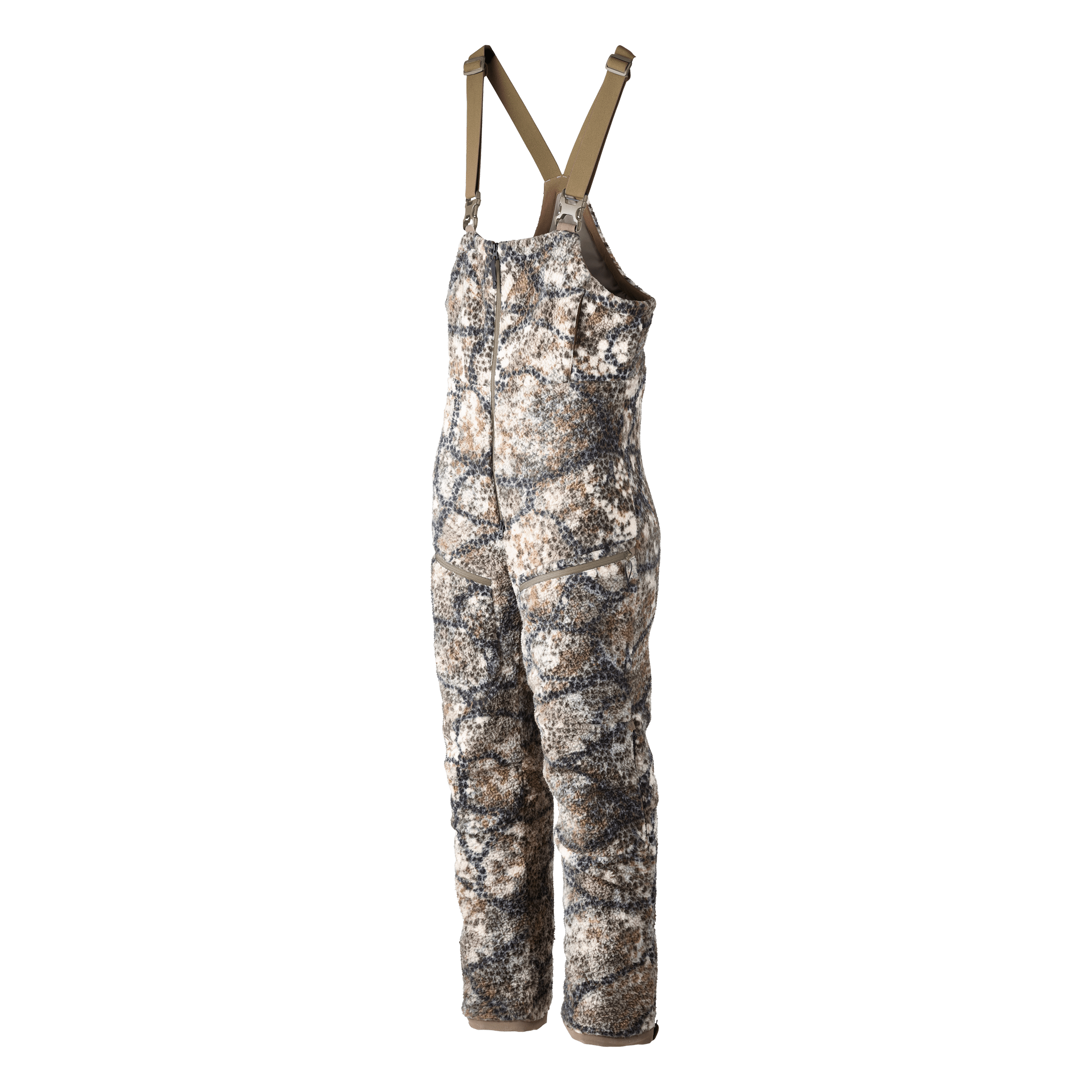 Moonrivers camo hunting bib with adjustable straps, insulated for cold weather. Moonrivers skull logo on chest.