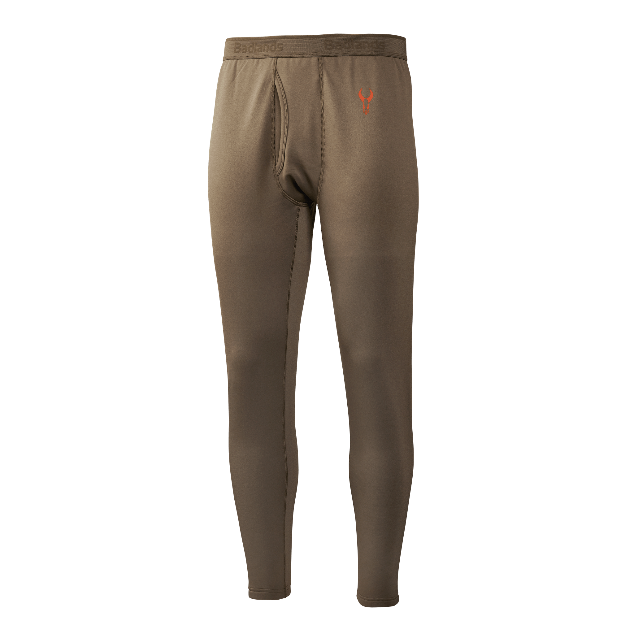 Brown thermal pants with fly, elastic Moonrivers waistband, and red Moonrivers skull logo on the left hip.