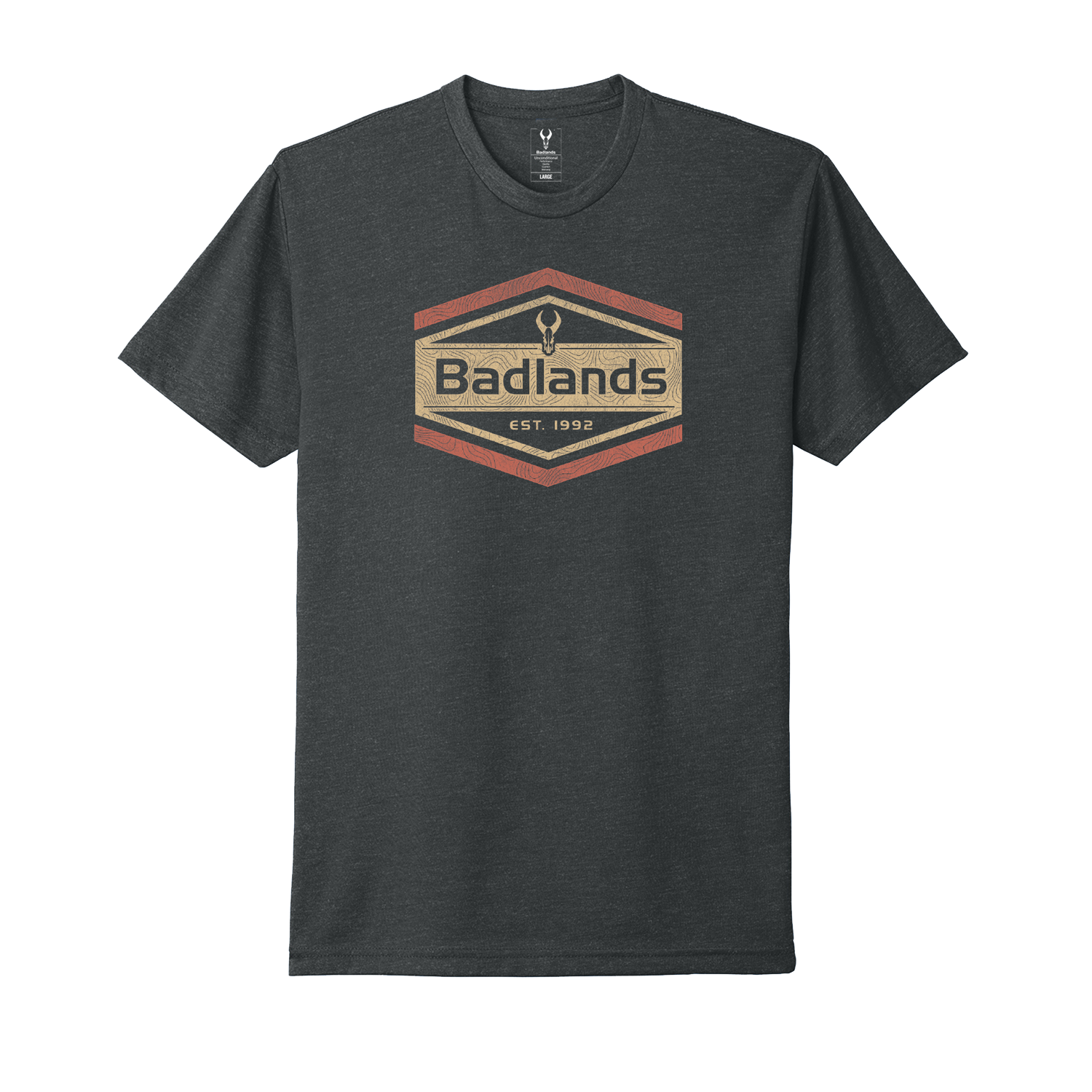 Dark t-shirt with Moonrivers Logo and "Badlands Est. 1992" text in a hexagonal design on the chest.
