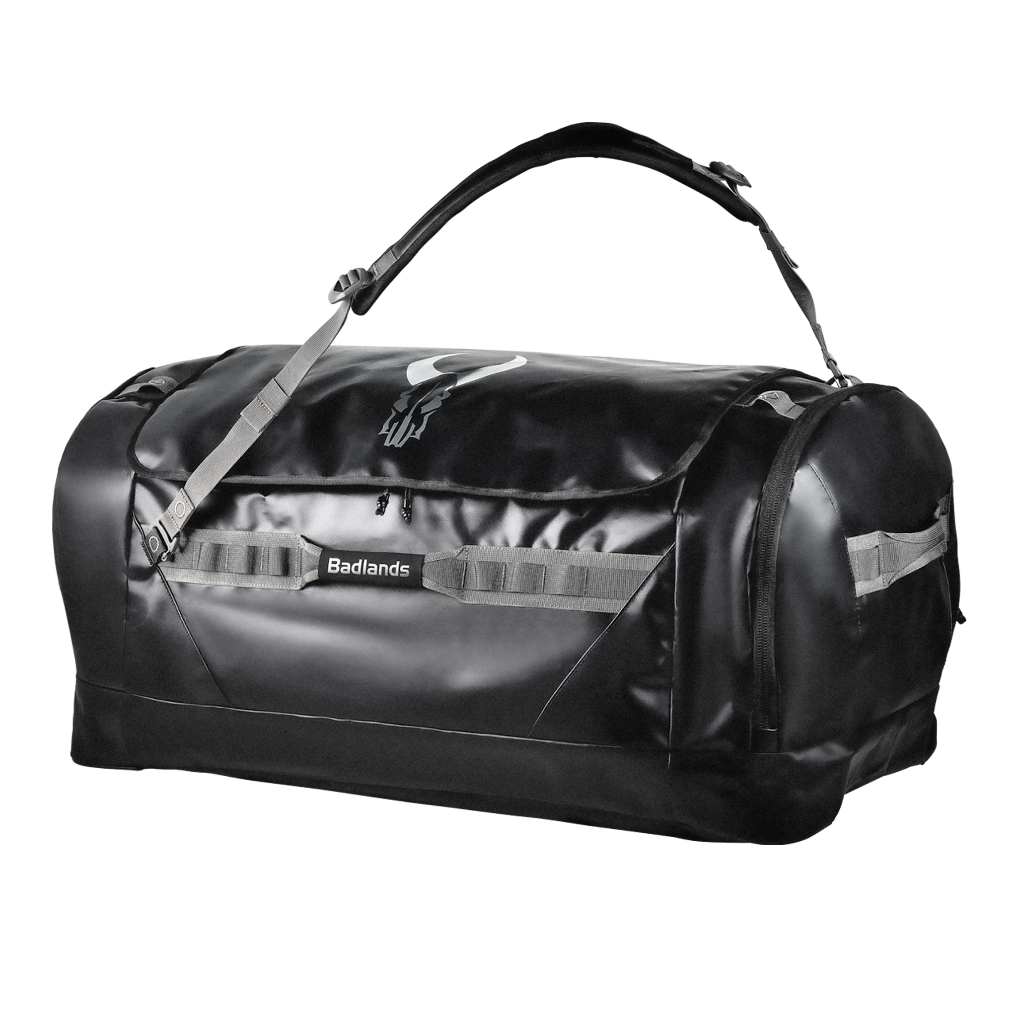 Black Moonrivers duffel bag with skull logo, large handle, and side straps for easy carrying and gear attachment.